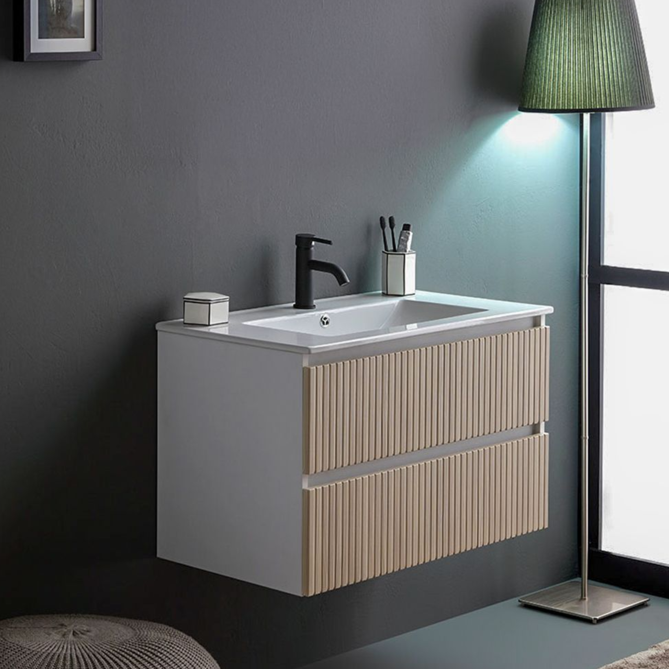 "Santorini" wall-hung bathroom cabinet, 80 cm, white and oak, with ribbed front and ceramic sink