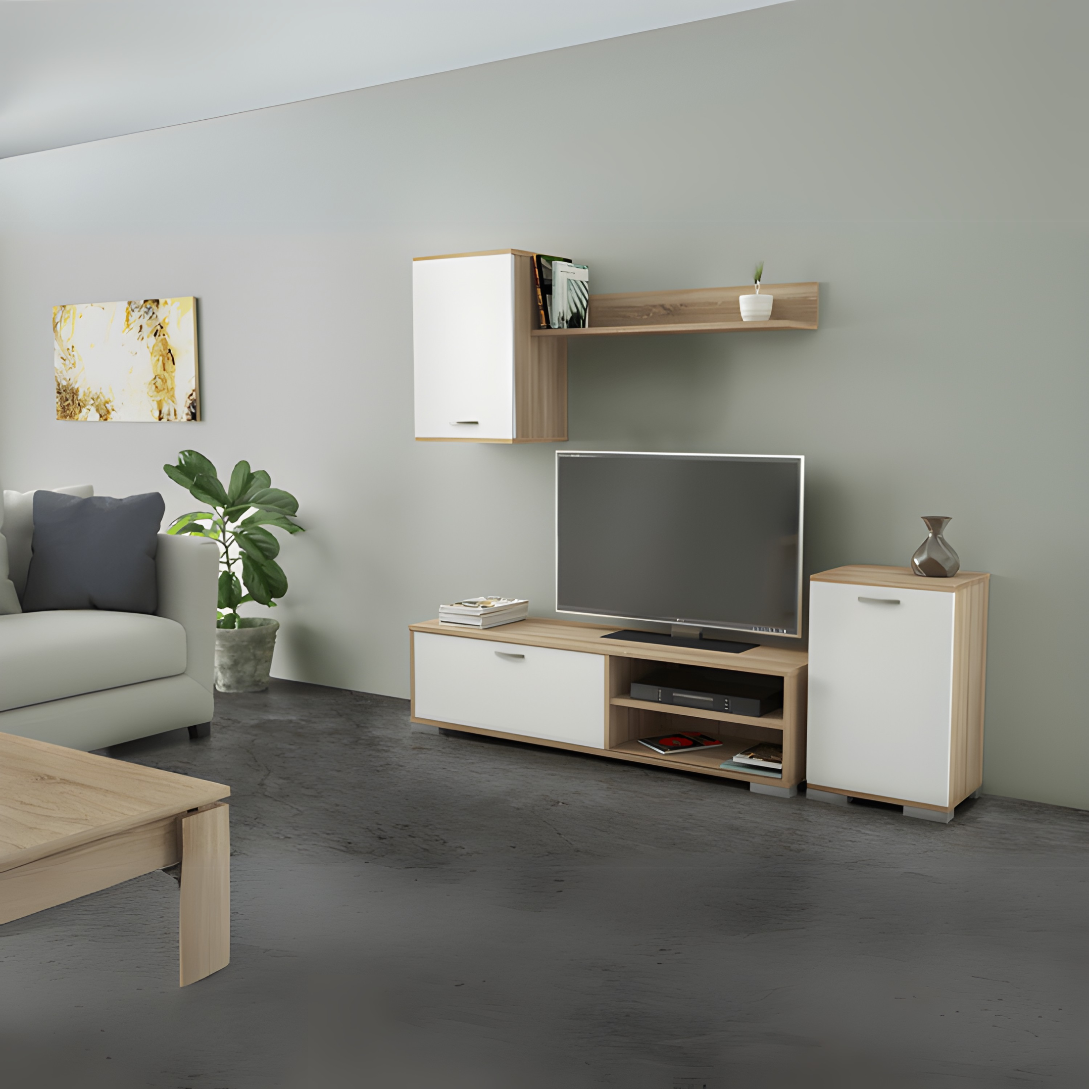 "Sade" living room wall unit in oak and white wood, 170x36 cm, 190 cm high