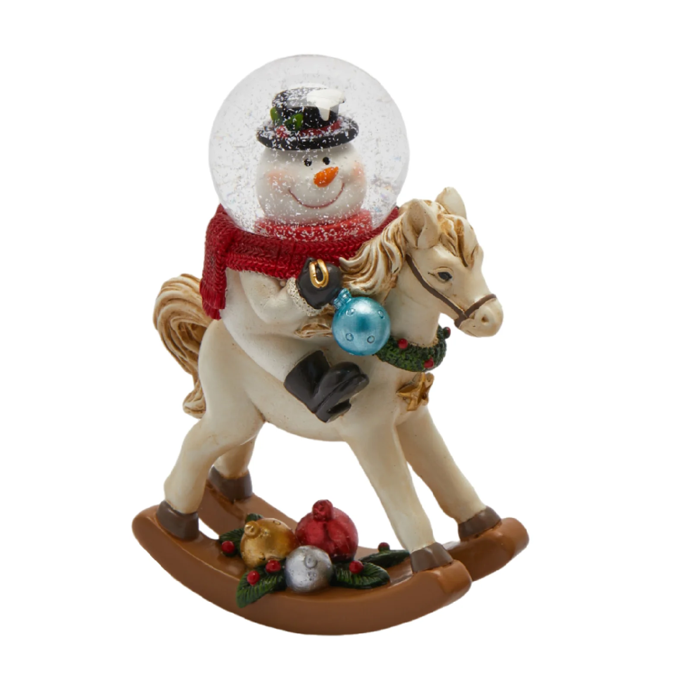 Resin rocking horse with glass water sphere and internal Christmas scene with shiny snow effect, 13.5 cm high.