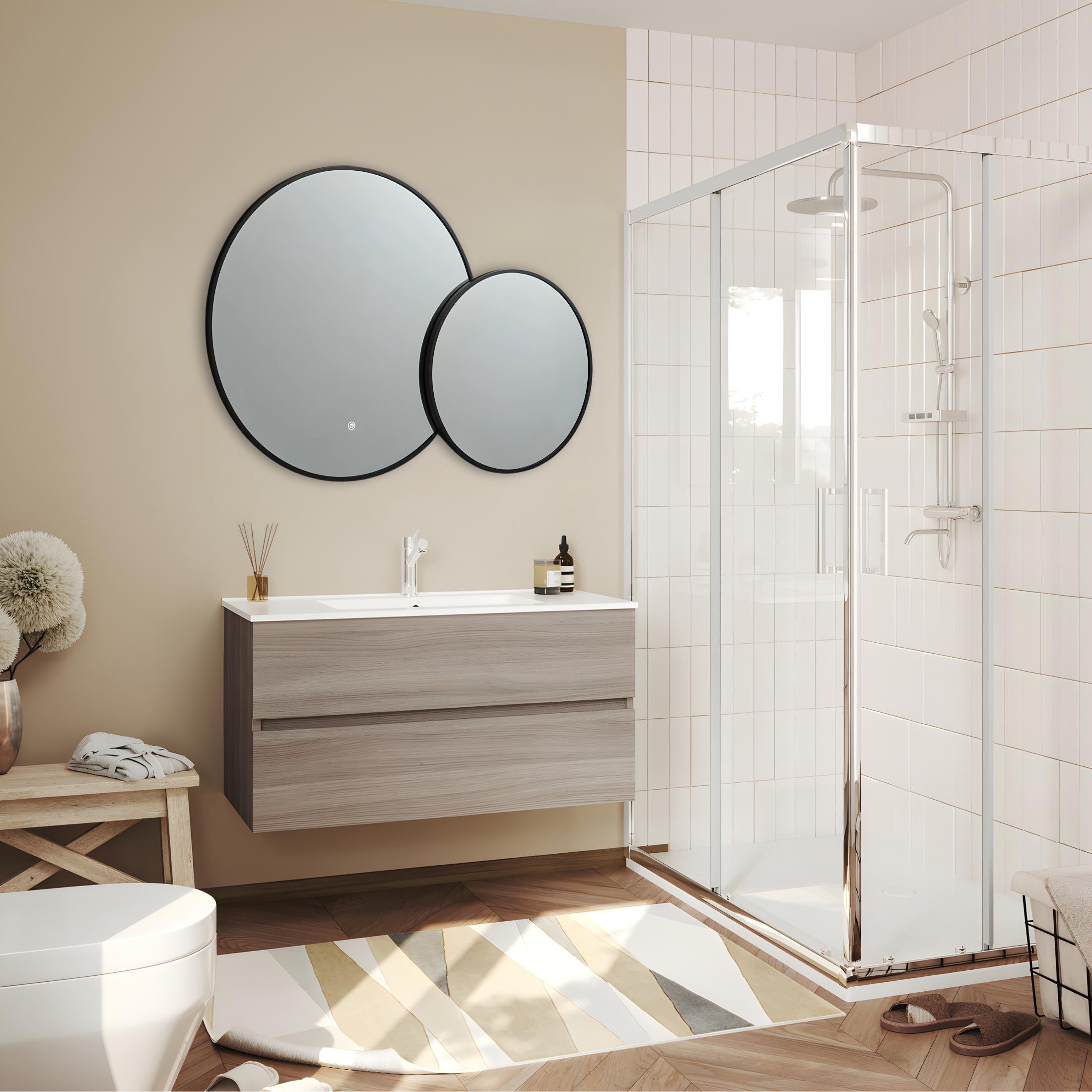 Round double mirror "Incontro" with LED backlighting and black edges