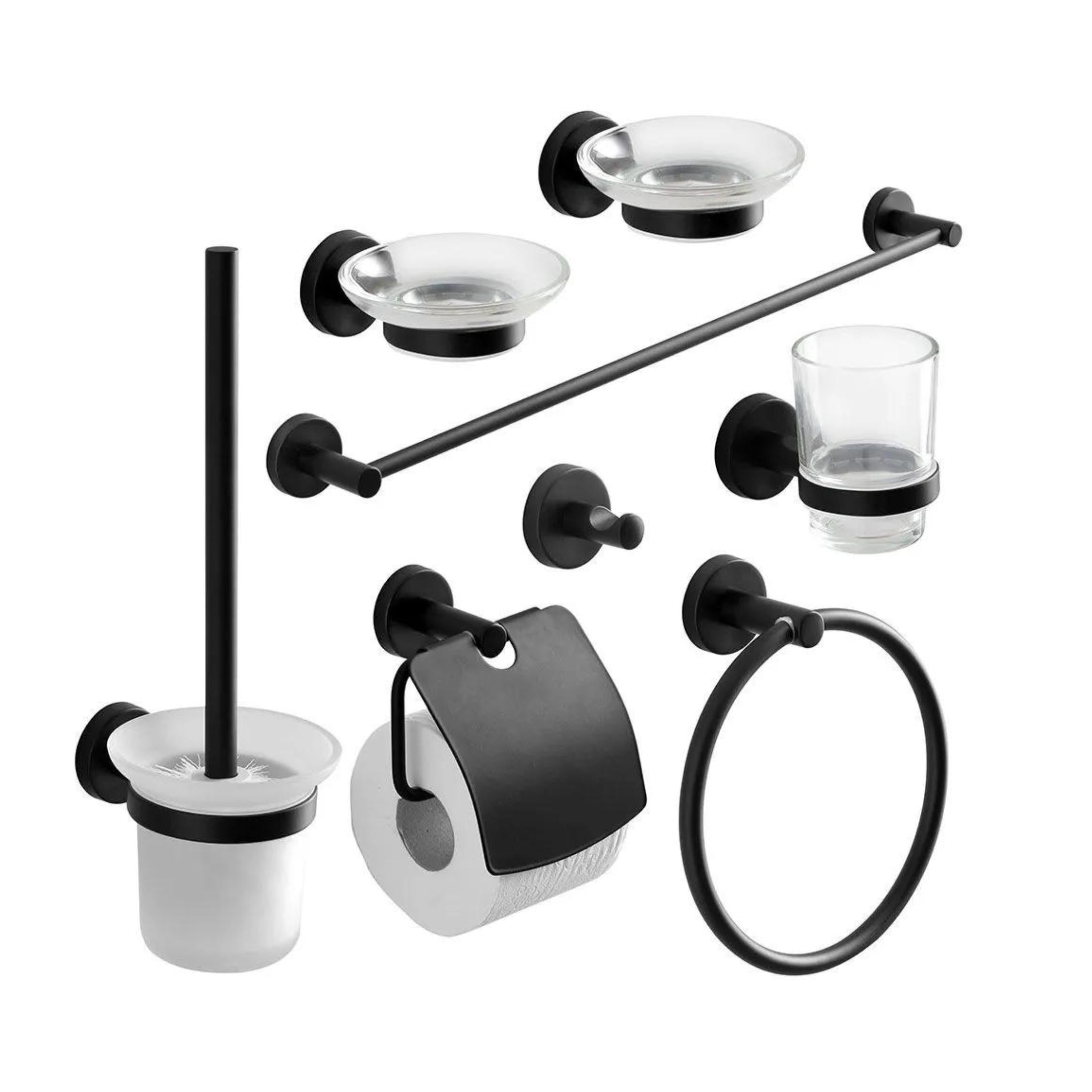 "Jonas" 8-piece wall-mounted bathroom accessory set in matte black metal.