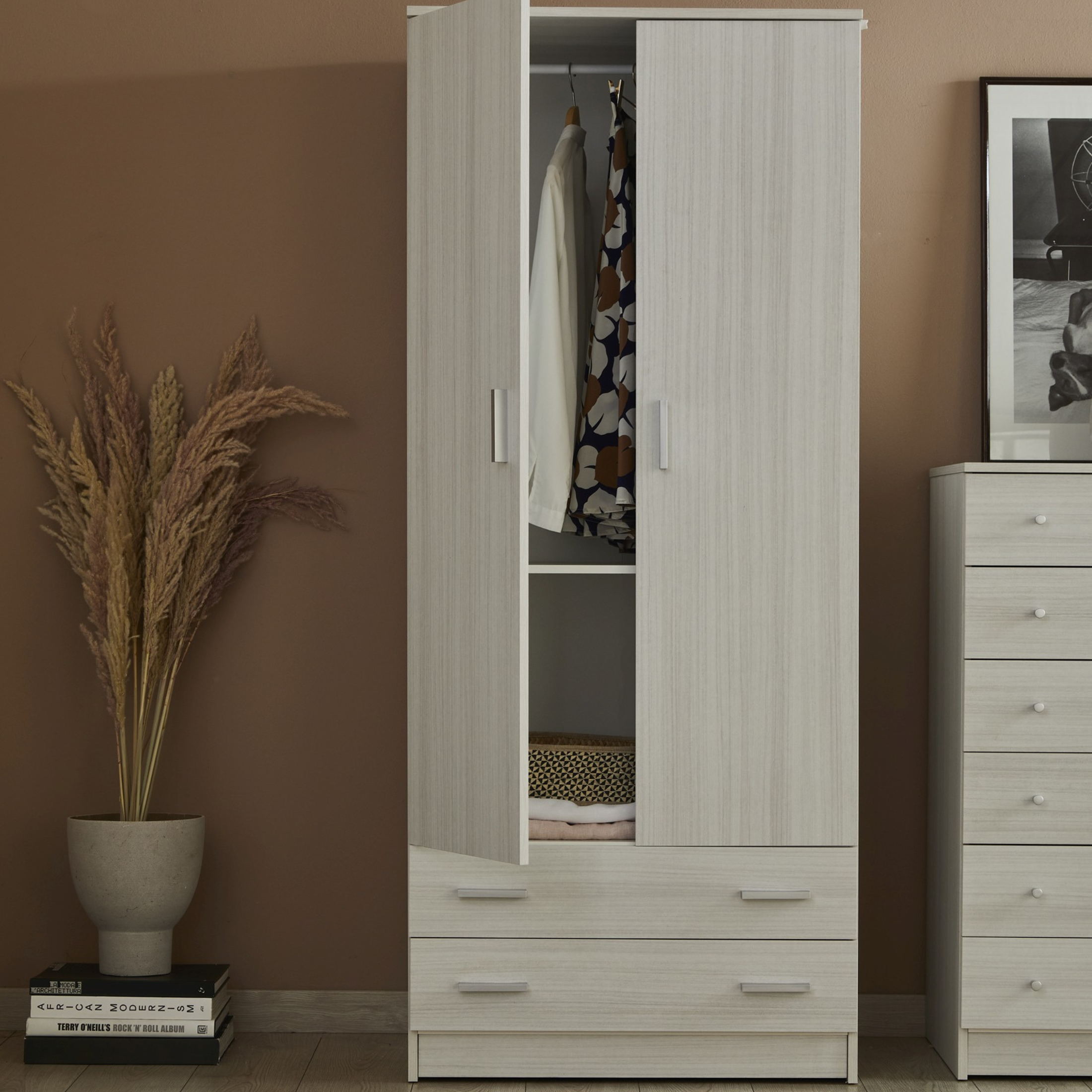 Modern wooden wardrobe "Bozza" with 2 doors and 2 drawers, 77x52 cm, 182 cm high.