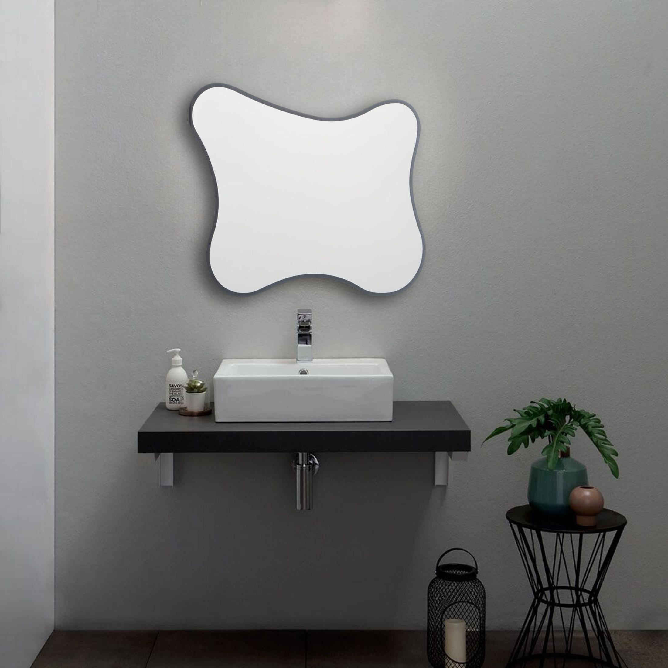 Reversible "Gresham" shaped LED mirror with backlit frame