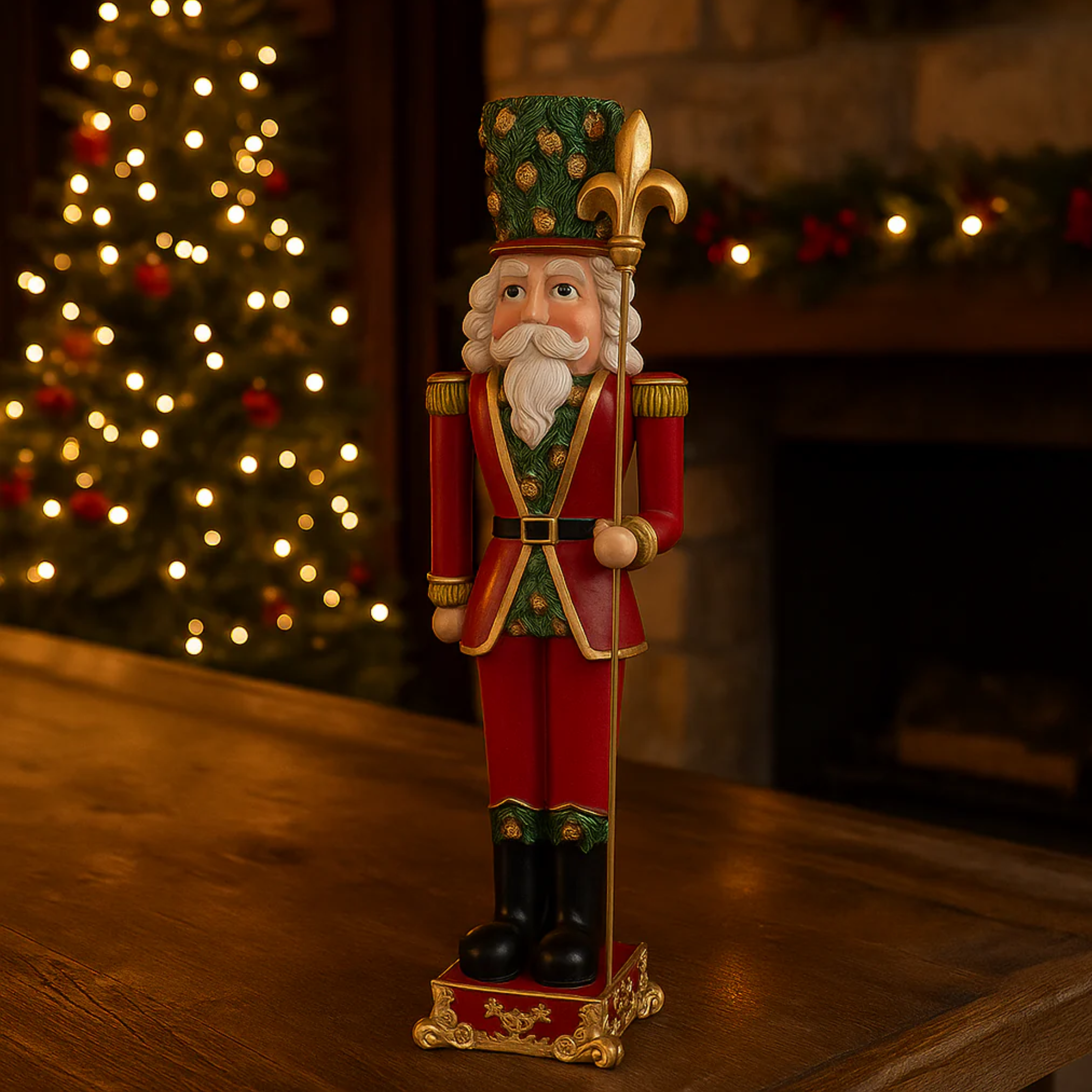 Red and green resin Christmas soldier with decorative halberd in hand, 51.5 cm high