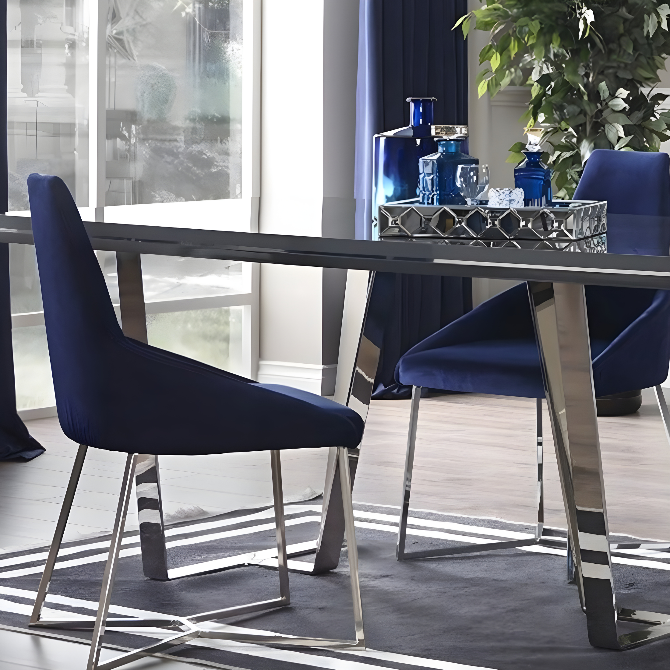 Set of "Enzio" dining chairs upholstered in fabric with metal frame, 52x48 cm, 90 cm high.