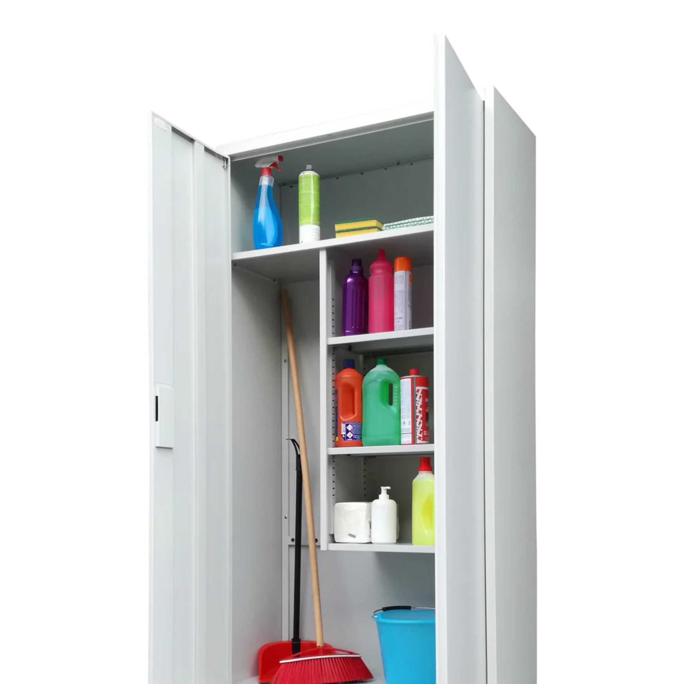 "Plos2" sheet metal broom cupboard with 2 lockable doors, 180 cm high