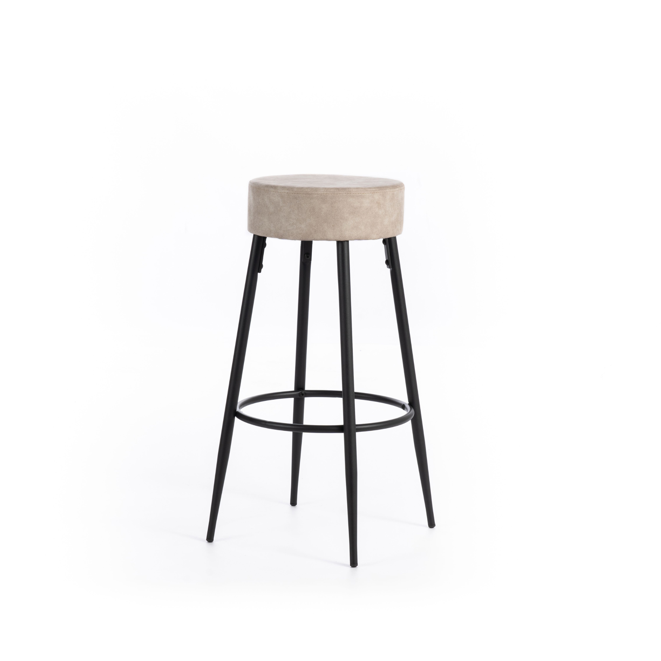 Set of "Ron" round high stools in beige padded fabric with footrest cm 51x51 77.5h