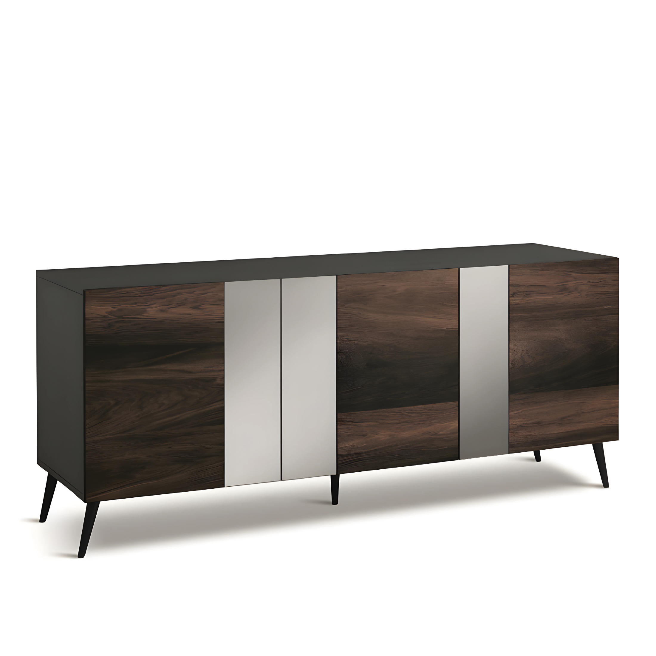 Modern 3-door sideboard "Isabel" already assembled in wood with mirror inserts, 180x50 cm, 80 cm high.