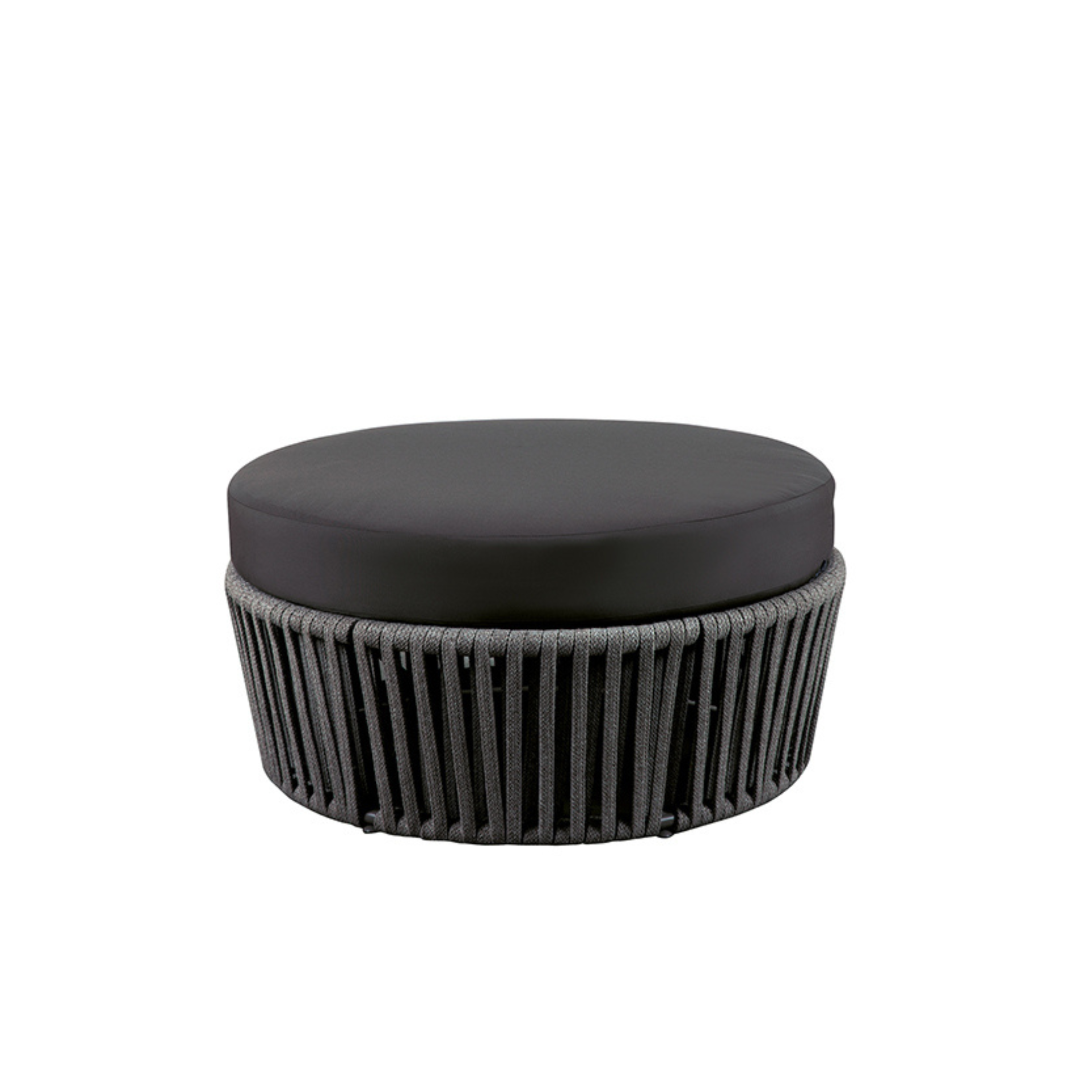 "Daisy Rope" pouf coffee table in rope and stainless steel, low garden table, 90x90 cm, 45 cm high