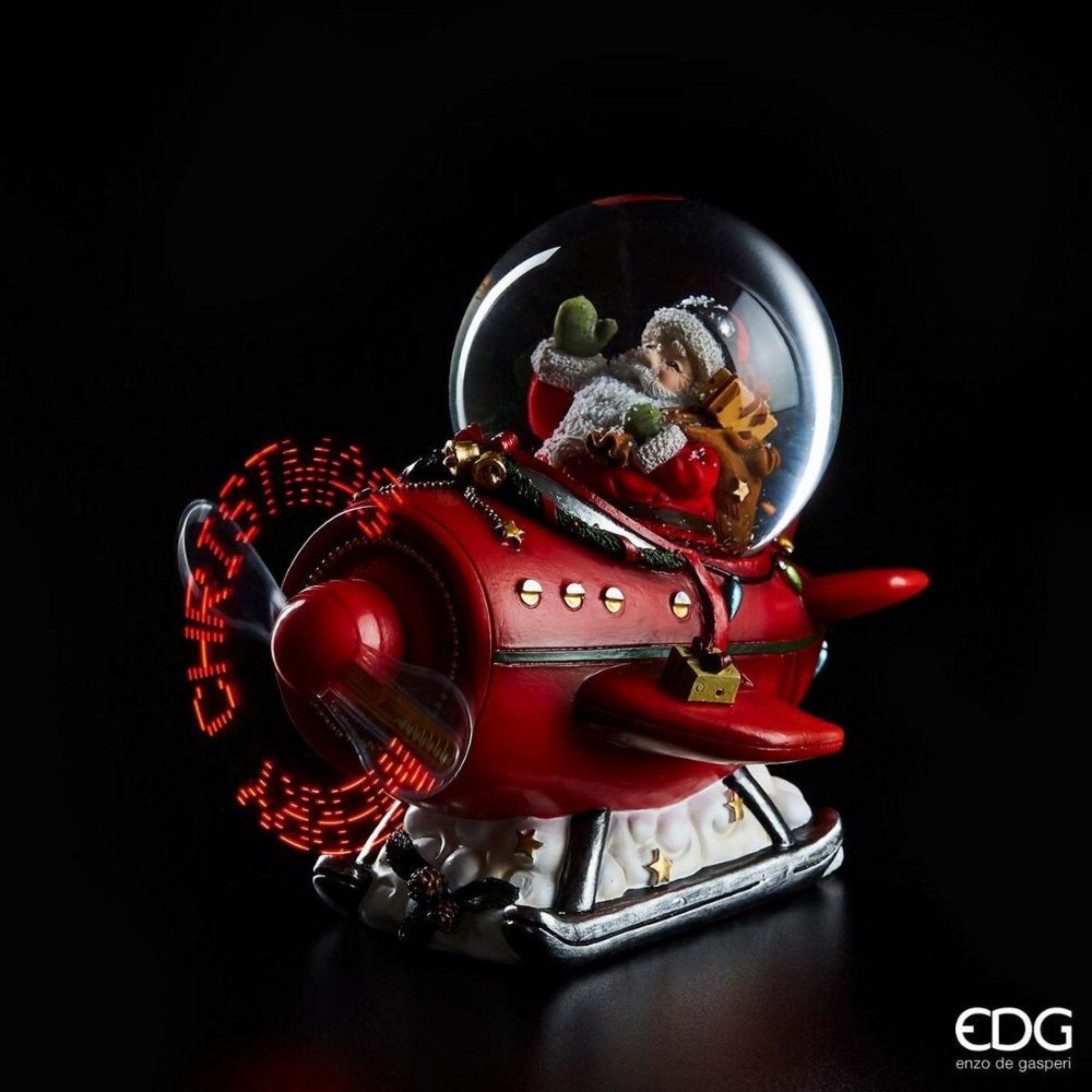 Christmas ball Santa Claus on a plane with LED propellers with the words "Merry Christmas" and snowfall effect 16x14 cm 15h