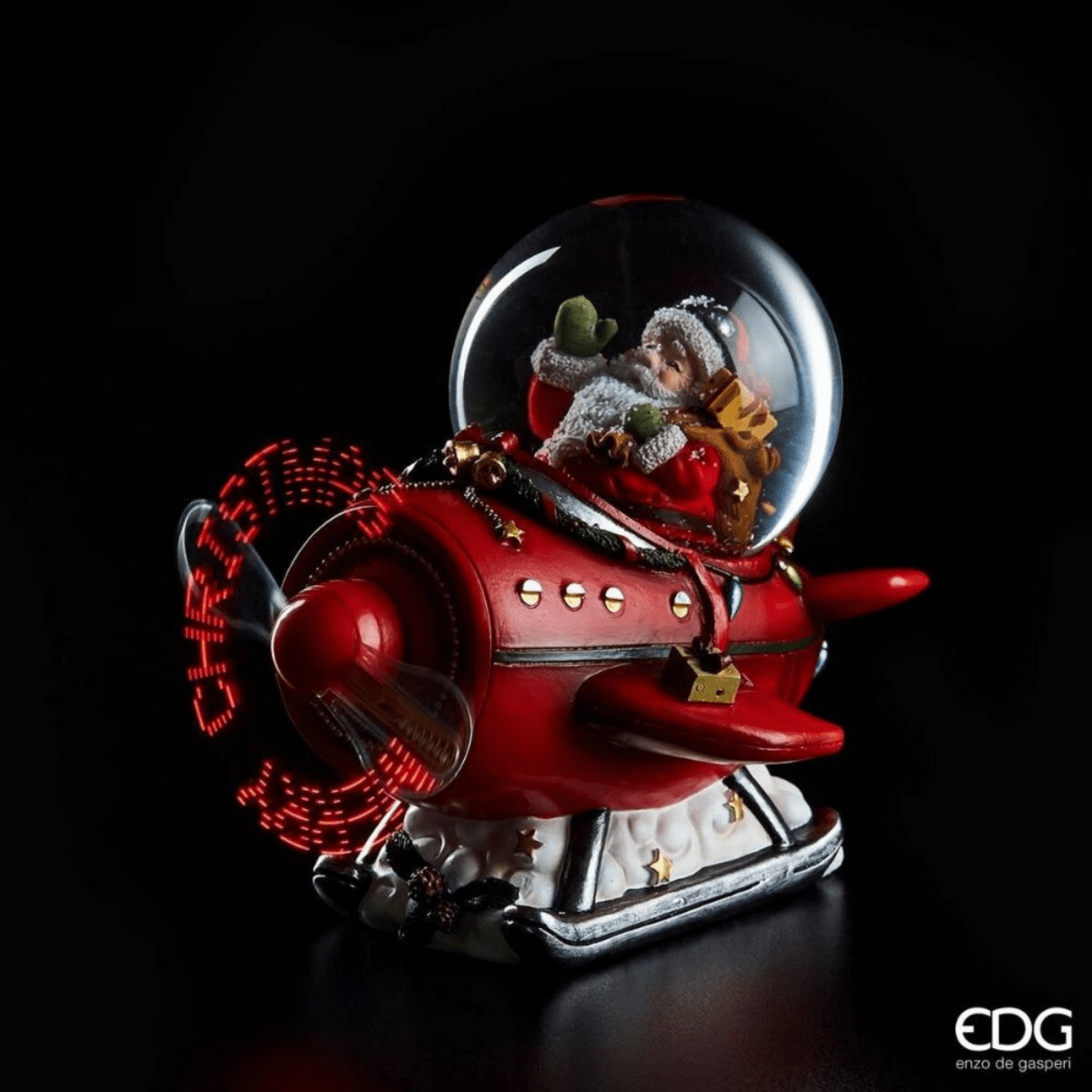 Sfera Natalizia Babbo Natale su aereo con eliche a LED con scritta “Merry Christmas” ed effetto nevicata cm 16x14 15h - MondoViro
