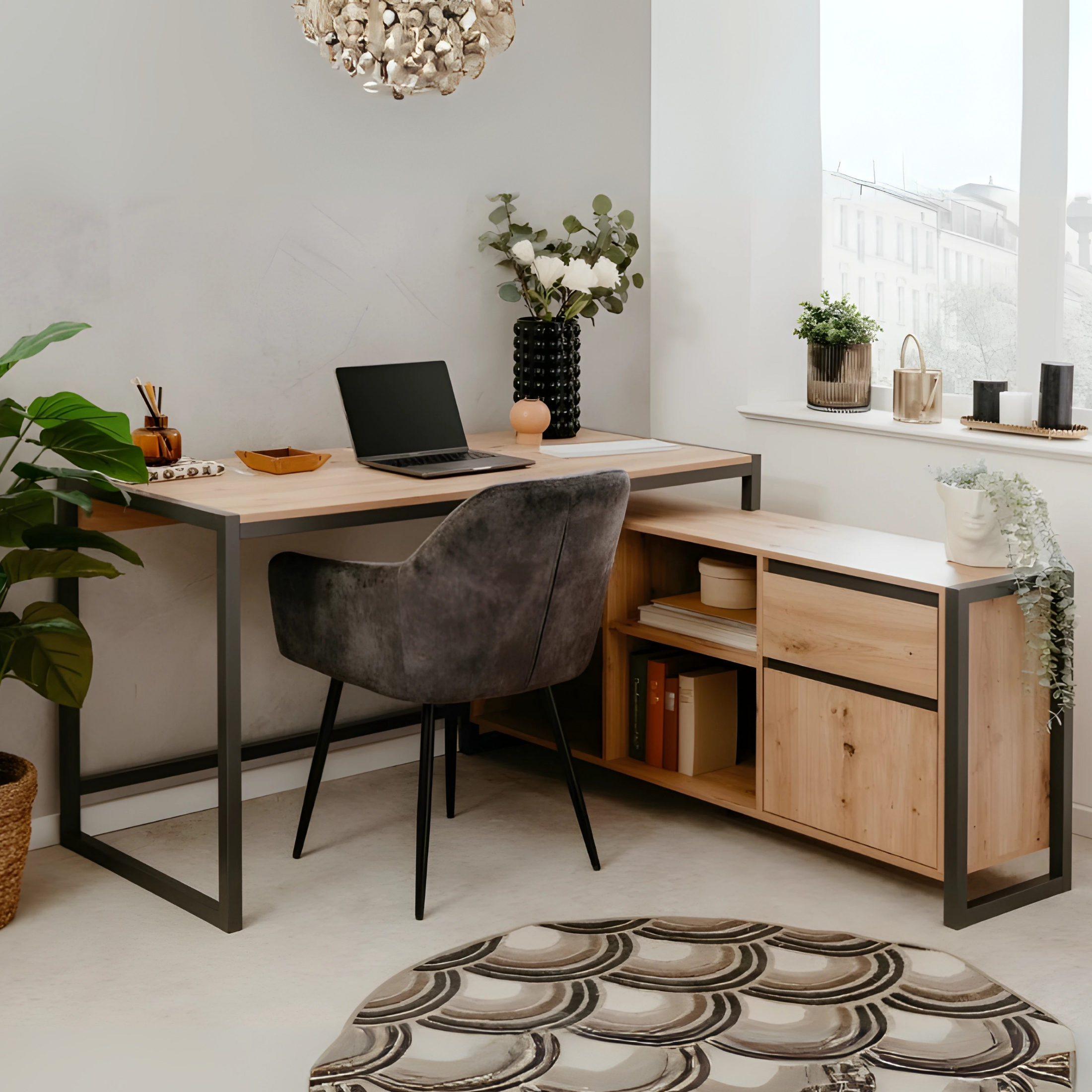 Modern "Denver" corner desk, reversible, anthracite oak, 142x139 cm, 75h