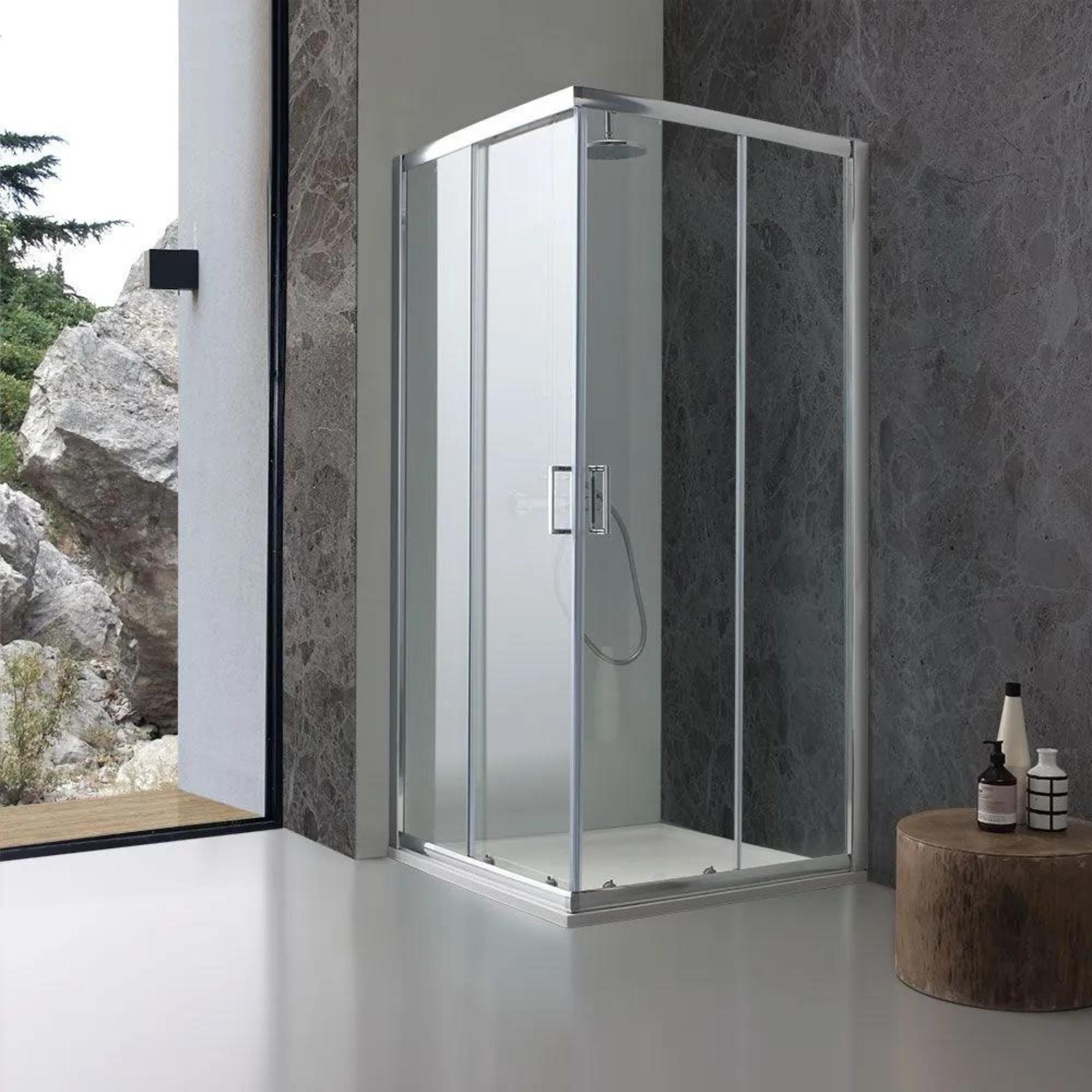 "Genova Two" square shower enclosure with sliding doors in polished tempered glass, 185 cm high