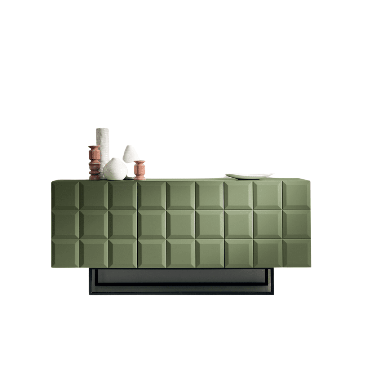 Madia verde "Mirò" con ante in MDF laccato e scocca in nobilitato e base in metallo verniciato nero - MondoViro