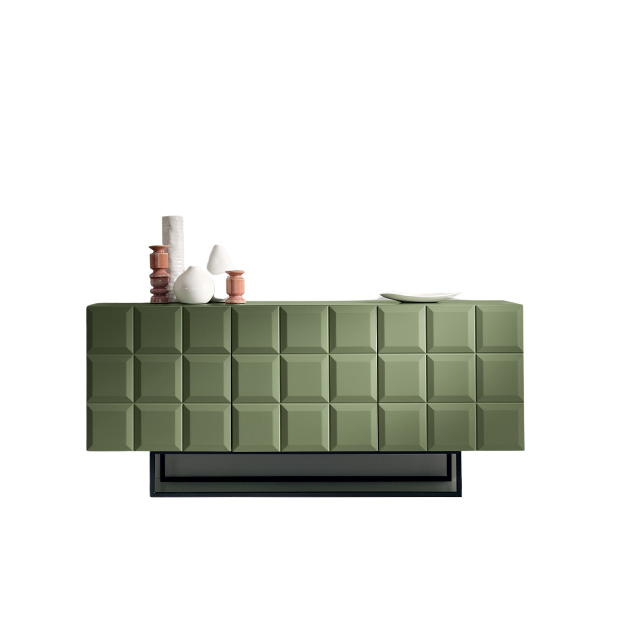 Green "Mirò" sideboard with lacquered MDF doors, chipboard body and black painted metal base