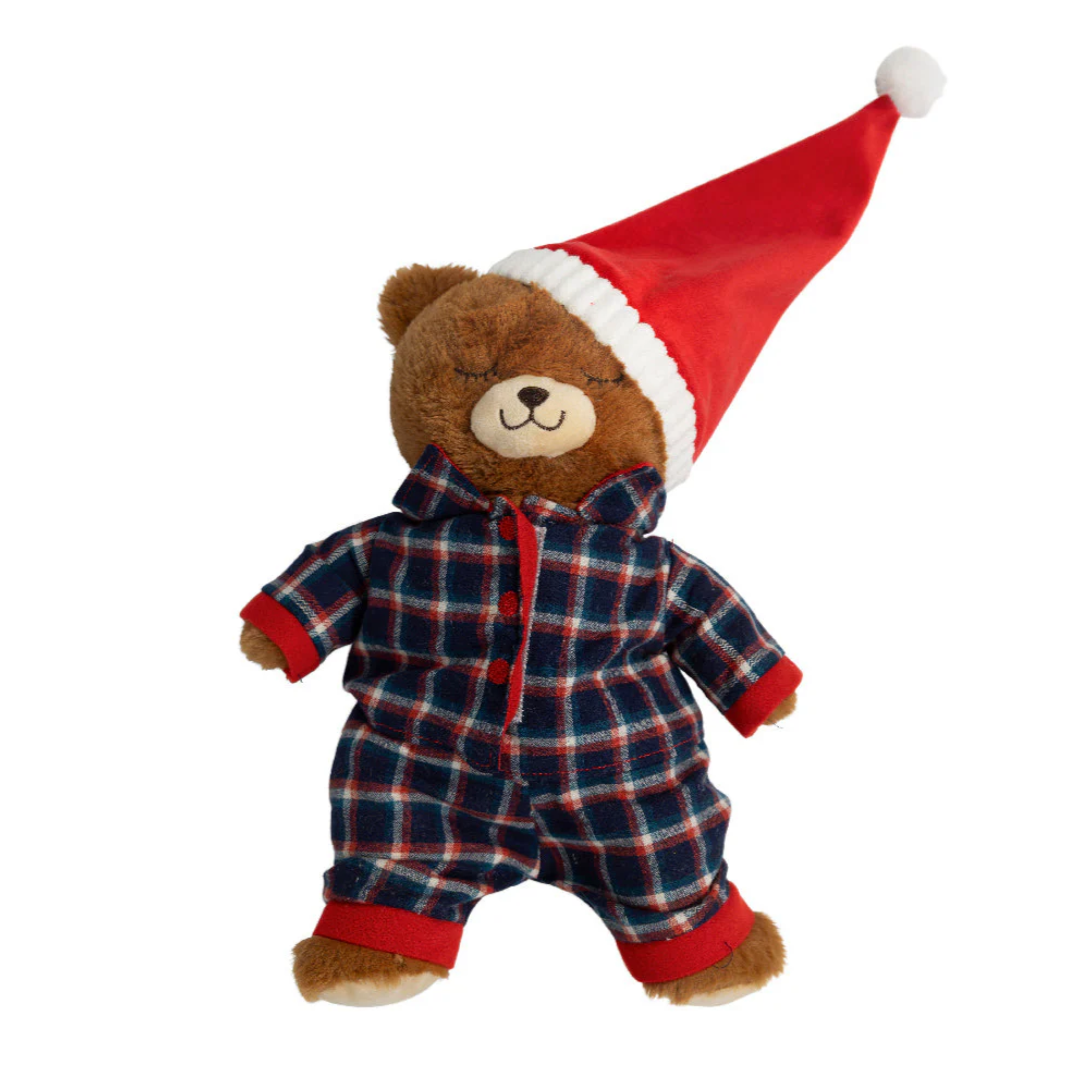 Christmas teddy bear wearing pyjamas and a Santa hat, soft decoration, 30 cm high