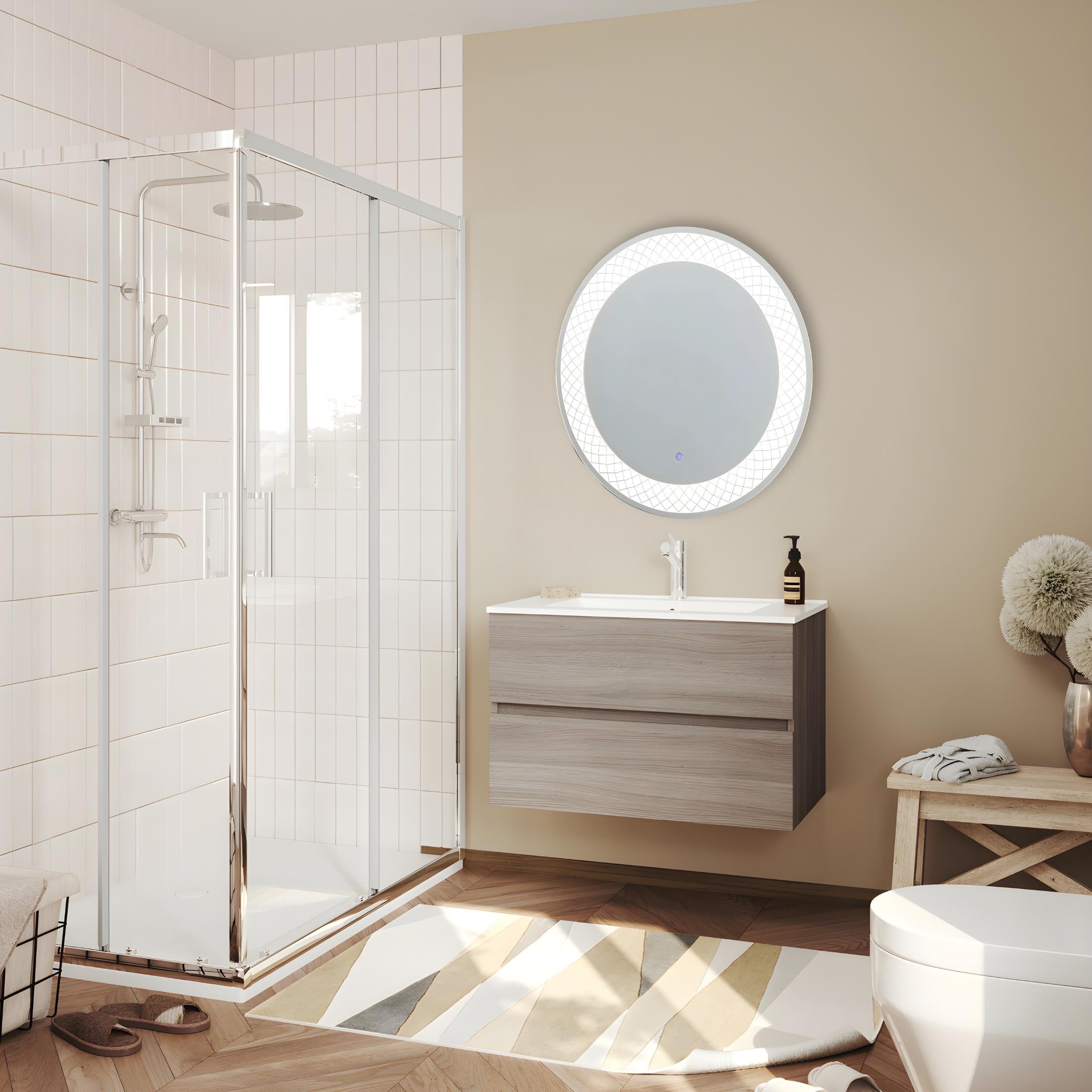 Round mirror with "Aura" LED illuminated frame in aluminum, 70x70 cm