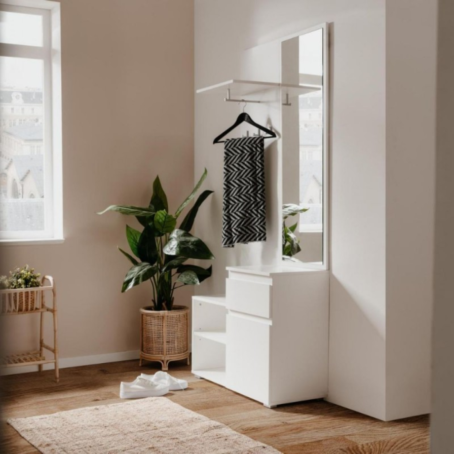 White “Image” entrance furniture with mirror included and 3 coat hooks 85x37 cm 195h