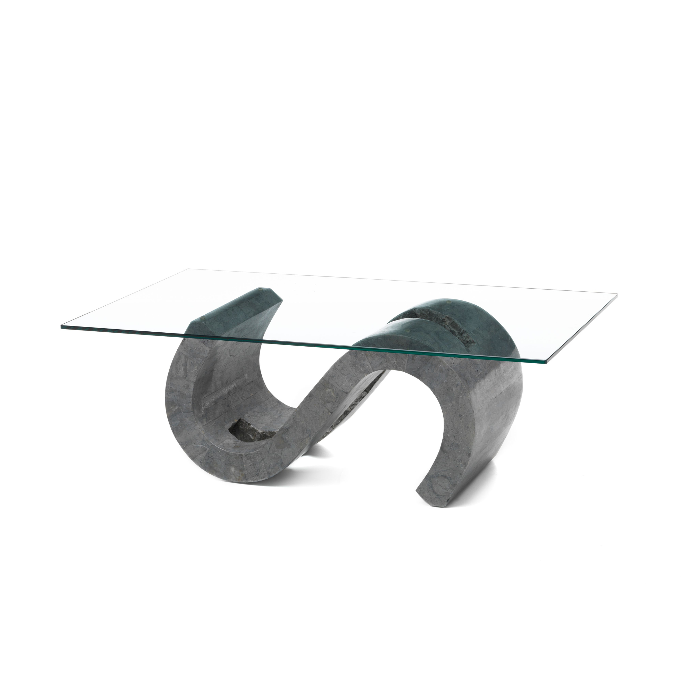 "Esse" fossil stone coffee table with tempered glass top, 120x70 cm, 36 cm high