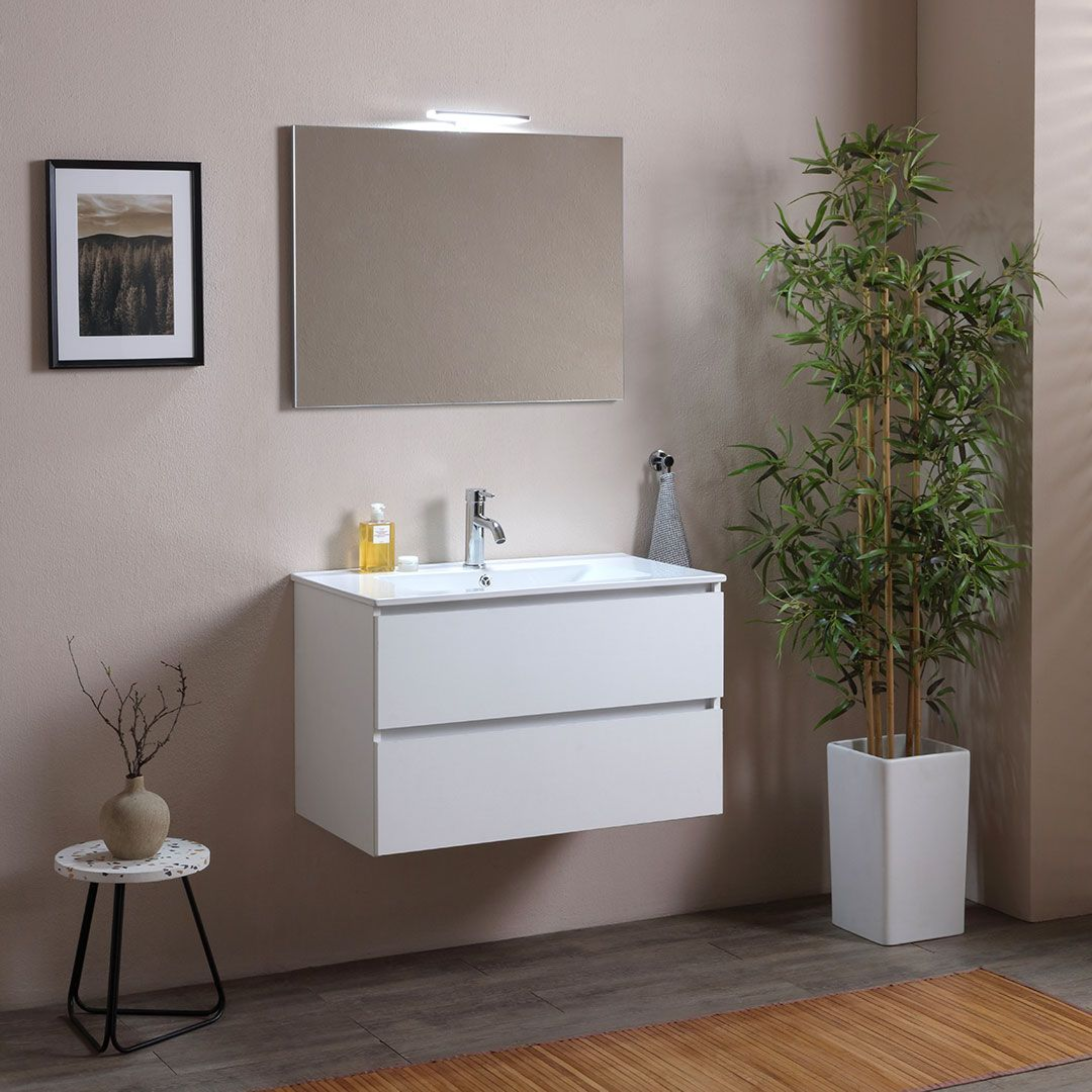 "Belize80" white wall-hung bathroom cabinet with two drawers and a ceramic sink