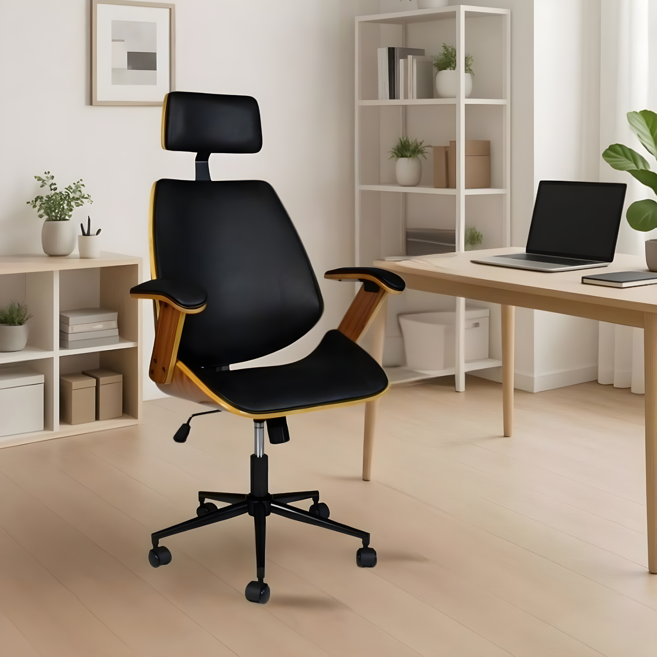 "James" swivel office chair in black leather with wood-effect frame and armrests, 66x50 cm, 118 cm high.
