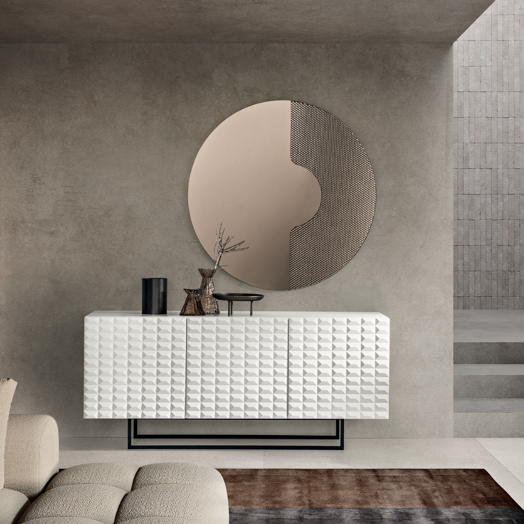 White "Palatina" living room sideboard with black metal sled