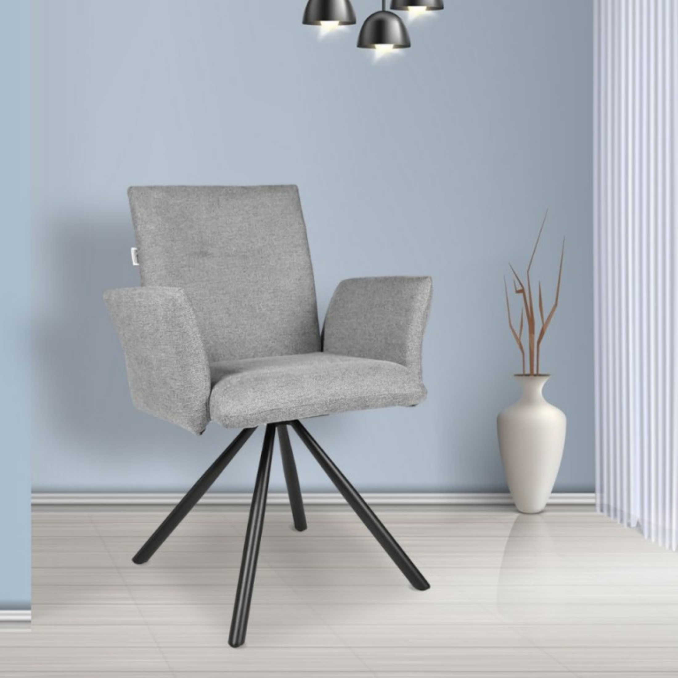 Set of "Mosaic" swivel dining chairs upholstered in fabric with black metal legs cm 66x63 88h