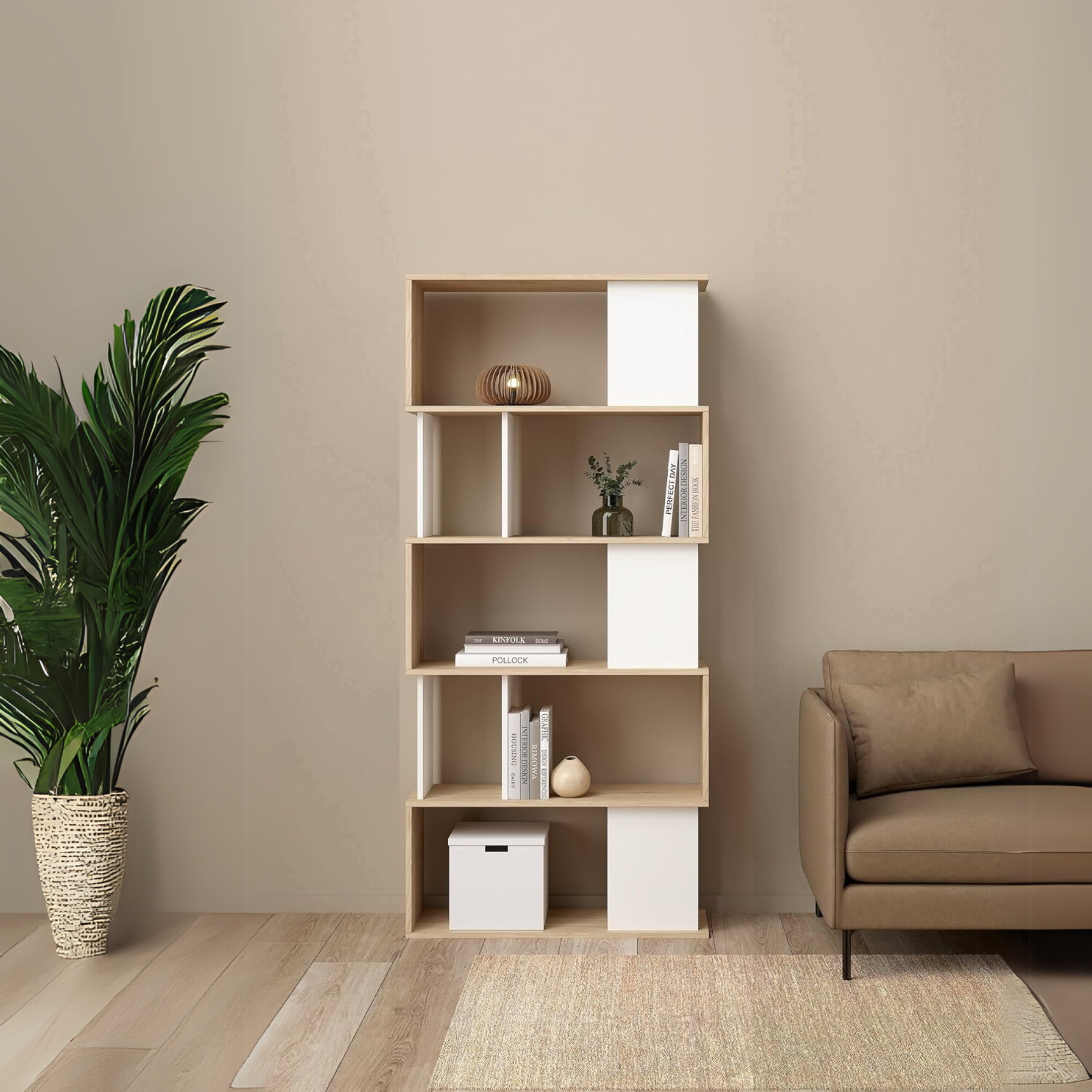 "Maze" modern tall open bookcase with 5 wooden shelves for the living room, 80x29.5 cm, 173.5 cm high