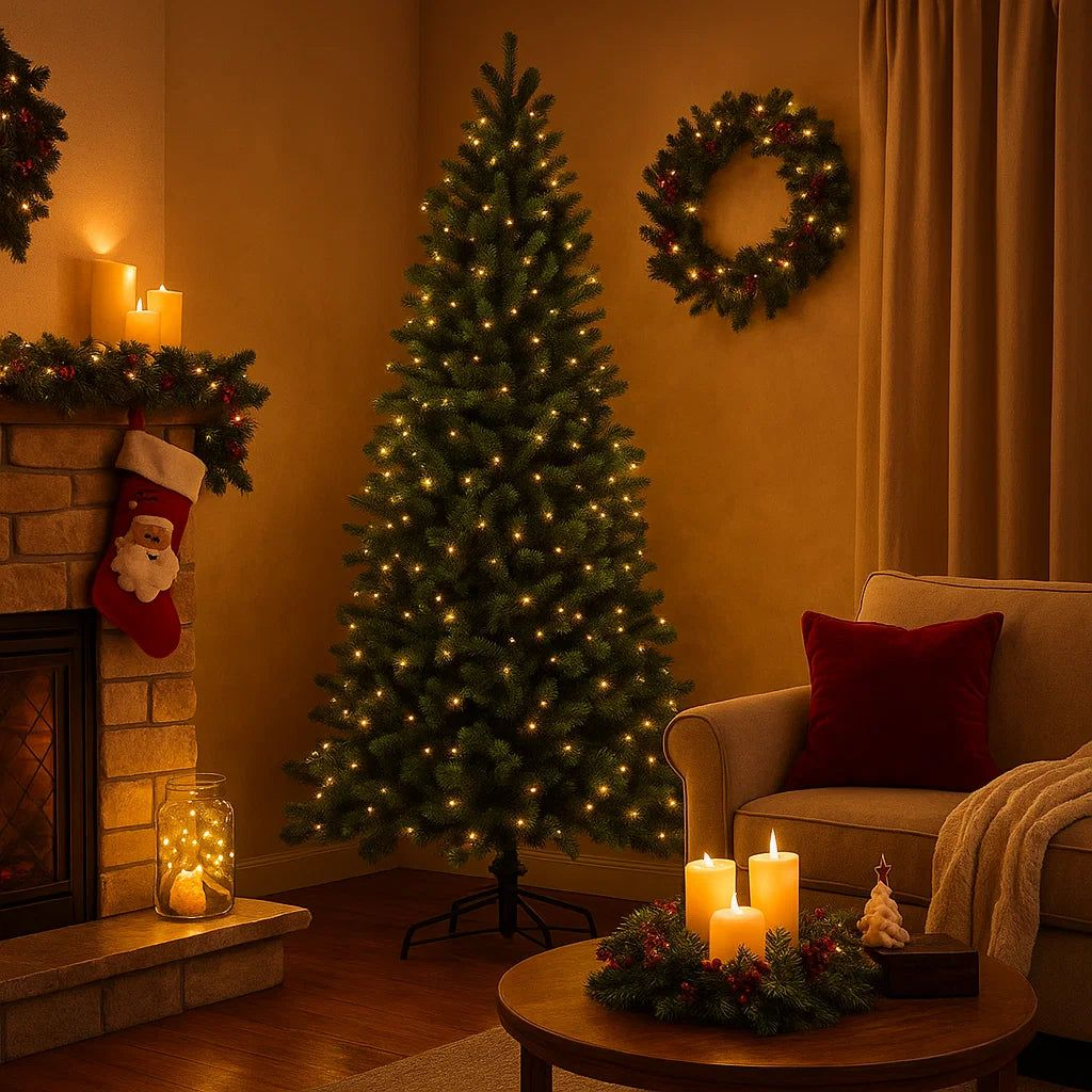 Slim "Gioia" Christmas tree with LED lights made of high-quality PVC.