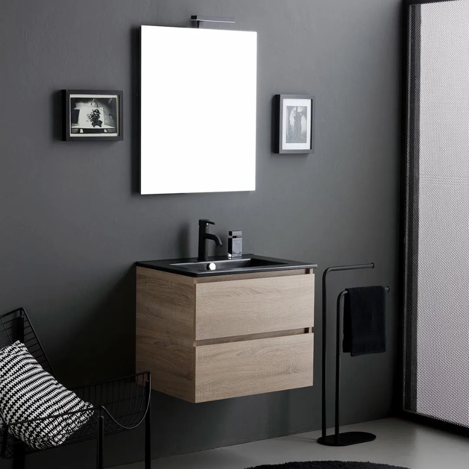 "Berlino60" oak-colored wall-hung bathroom cabinet with 2 drawers, black sink, and mirror