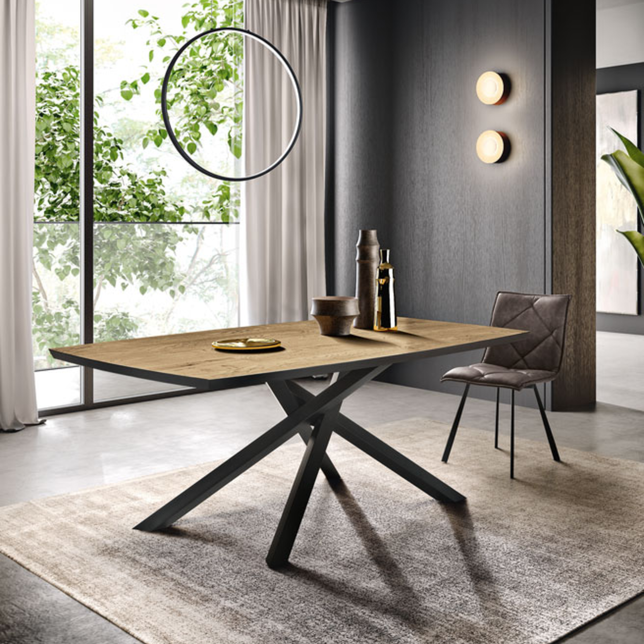 Modern extendable table "Alan" with metal base and oak top