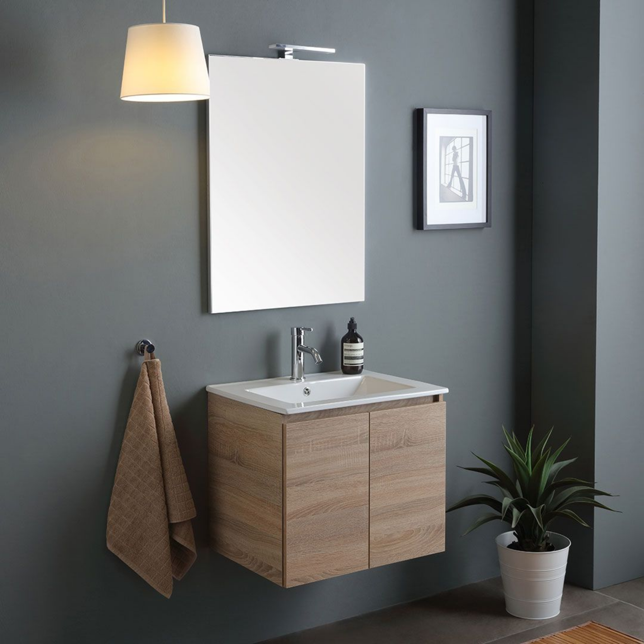 60cm "Belize" oak wall-hung bathroom cabinet with 2 ceramic sink doors and 60x80cm mirror