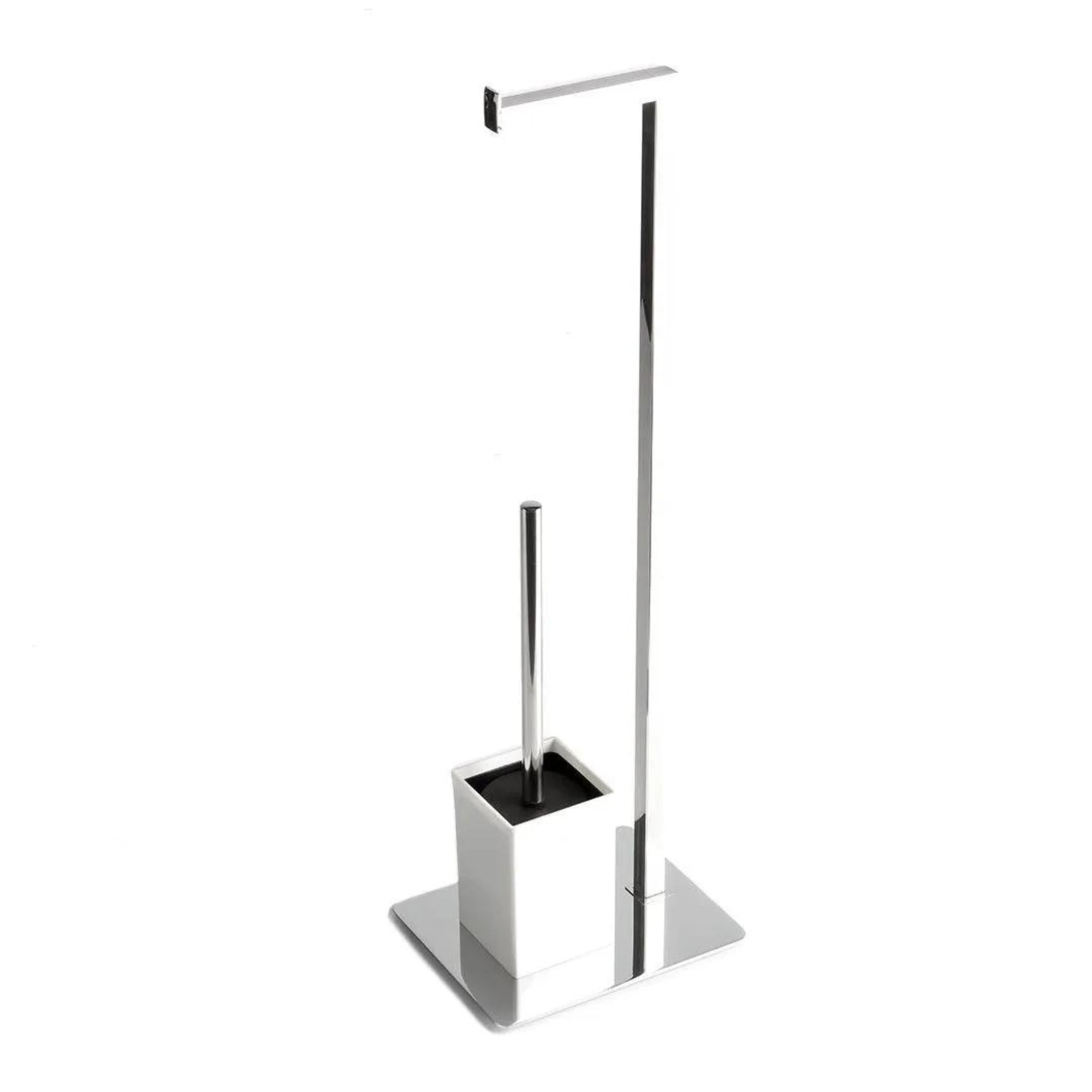 "Étienne" white floor lamp with toilet roll holder and toilet brush holder in polished chrome steel