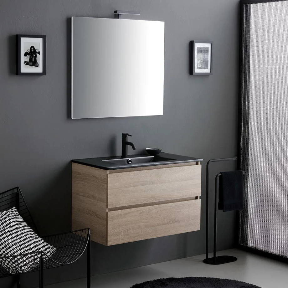 "Berlino60" oak-colored wall-hung bathroom cabinet with 2 drawers, black sink, and mirror