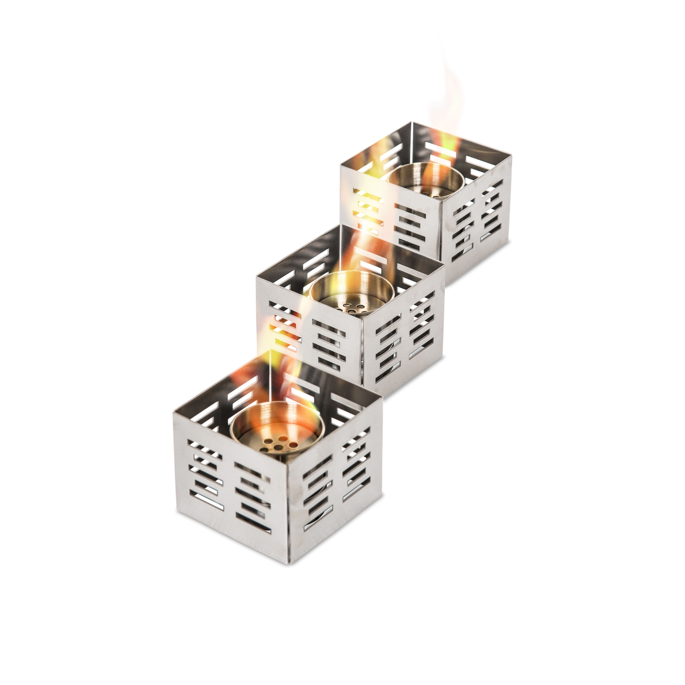 Set of 3 "Antea" bioethanol table fireplaces in satin-finished steel, 10x10 cm, 8h