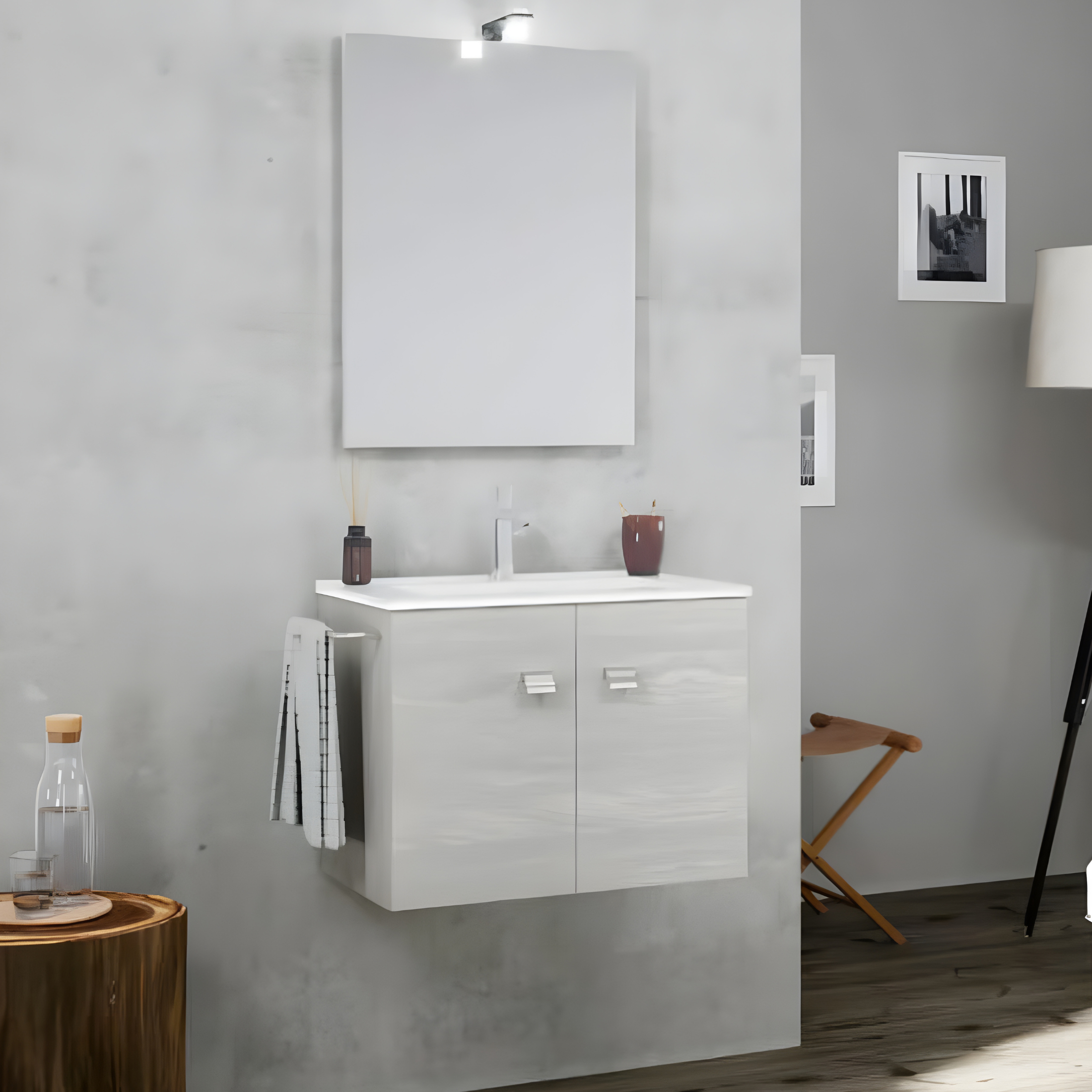 "Moa60" wall-hung bathroom cabinet with integrated rectangular sink, doors with chrome handles and LED mirror