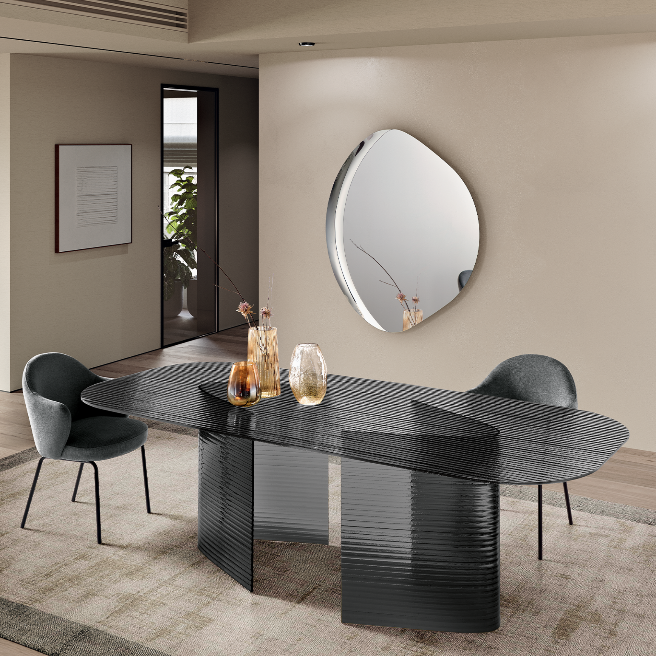 "Lovely" fixed rectangular table, transparent striped with glass legs, 240x120 cm, 77h