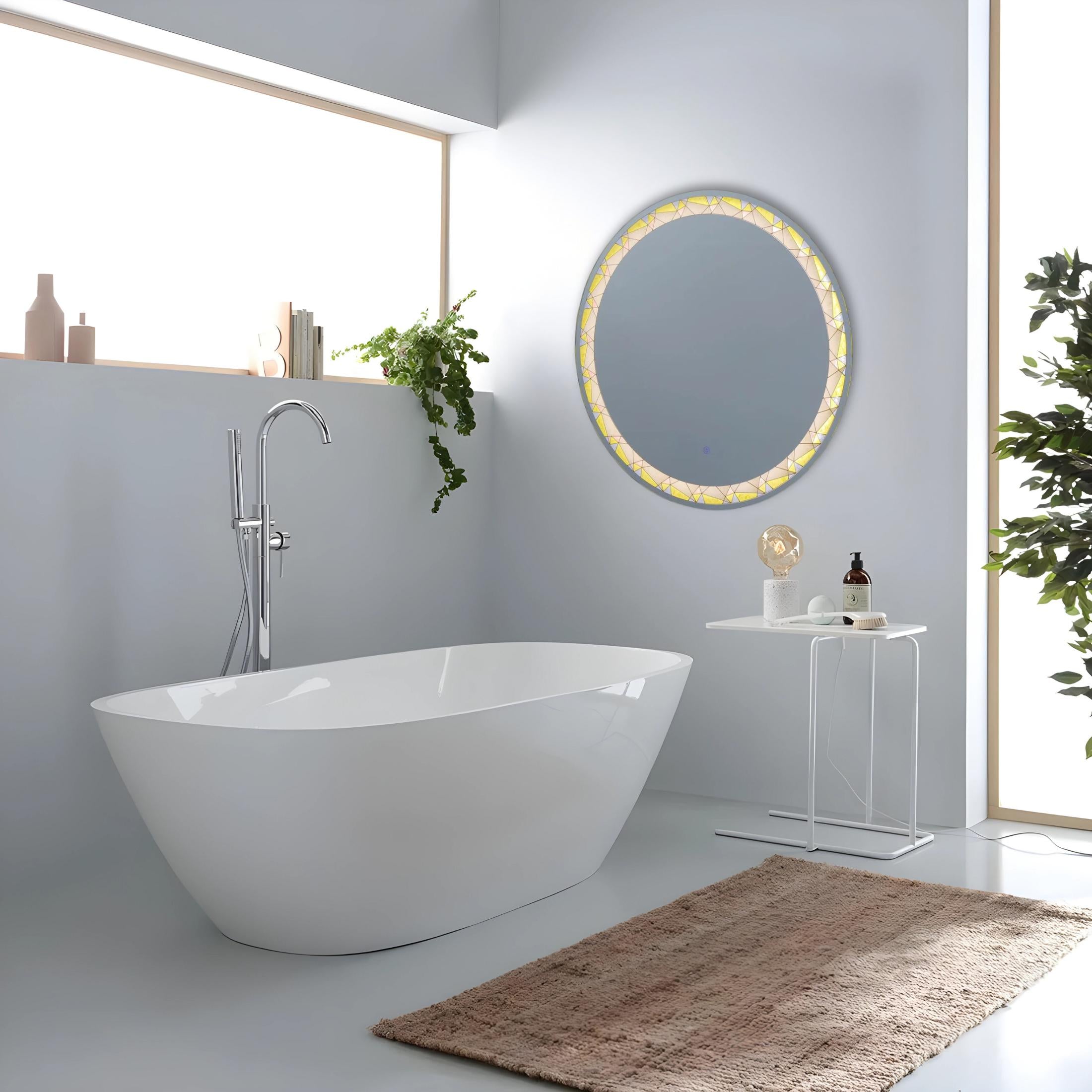 "Mosaic" touch LED wall mirror with satin and colored inserts