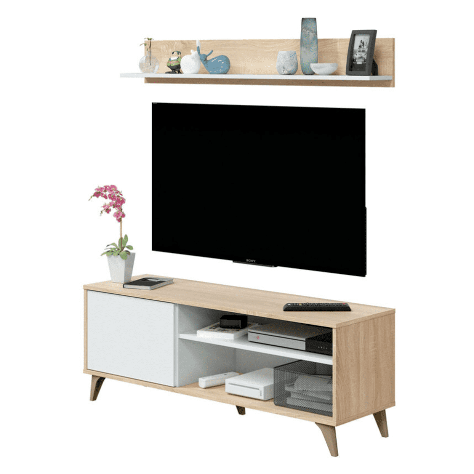 Kit Mobiletto porta tv + mensola a muro bianco rovere da soggiorno