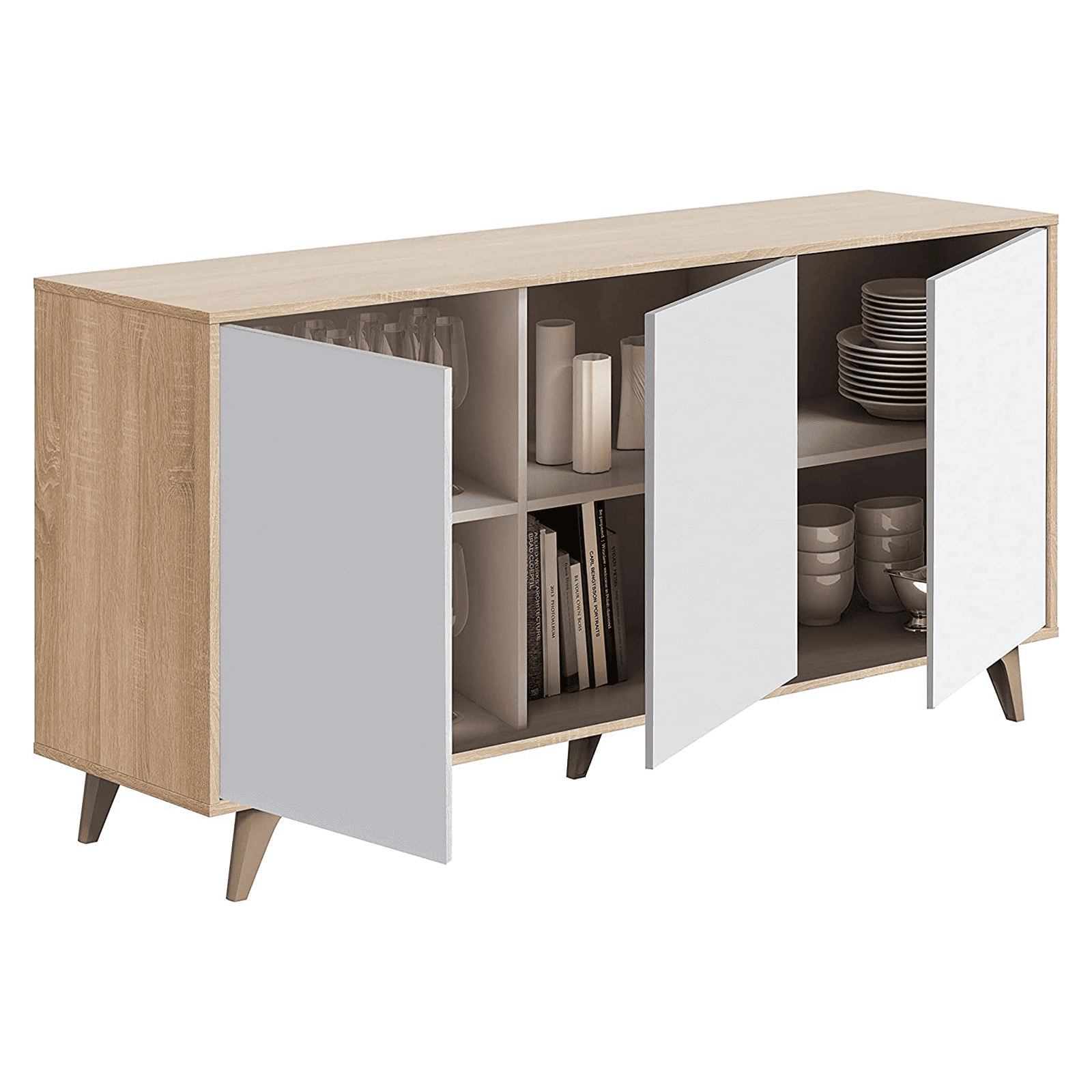 Credenza a 3 ante Kikua rovere bianco da soggiorno cm 154x40 75h