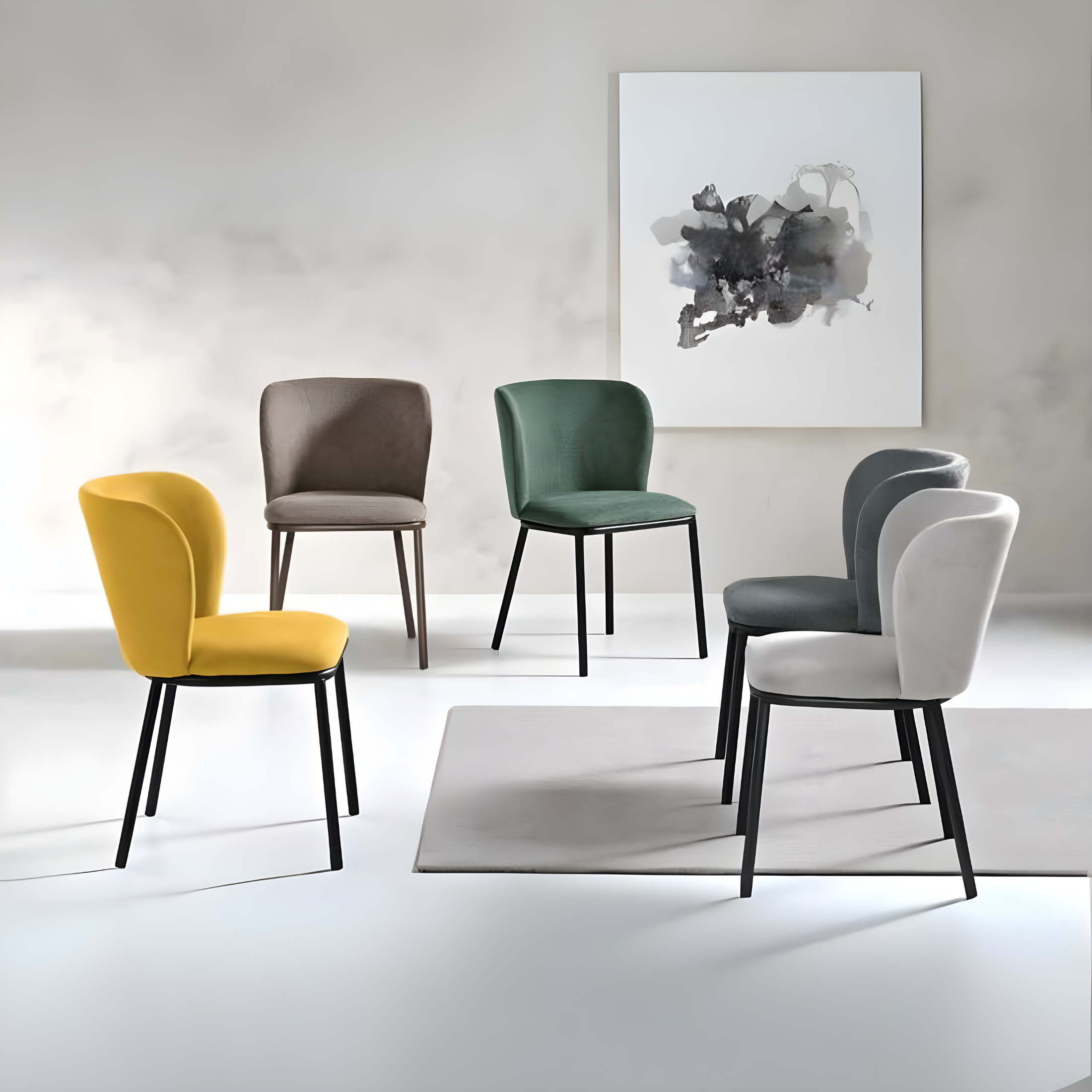 Set of "Riva" dining chairs in padded fabric with metal frame, 52x57 cm, 80 cm high.