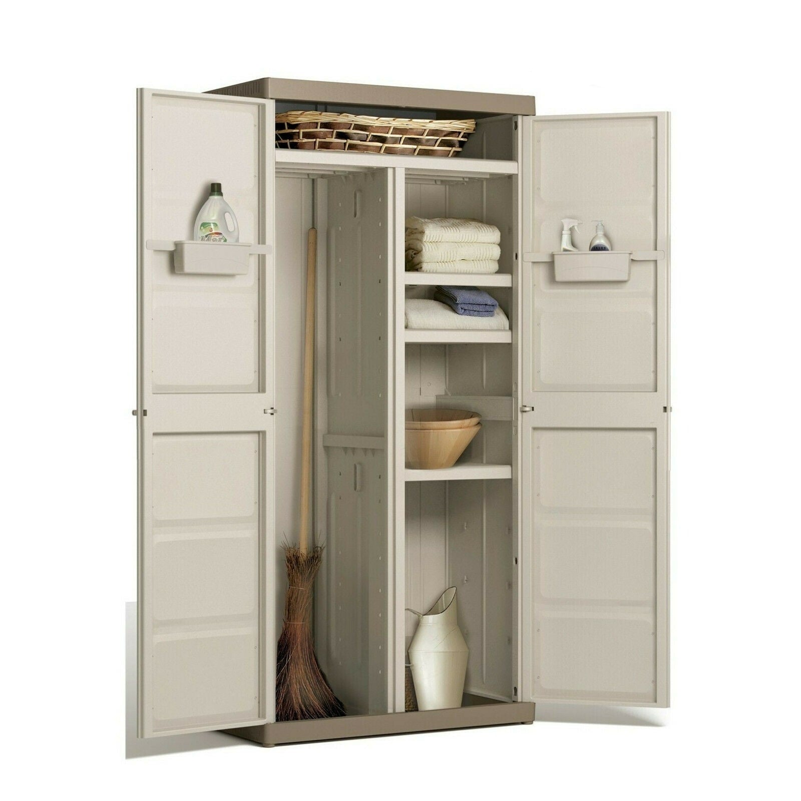 Armadio porta oggetti e scope a 2 ante con ripiani interni e piedini rialzati
