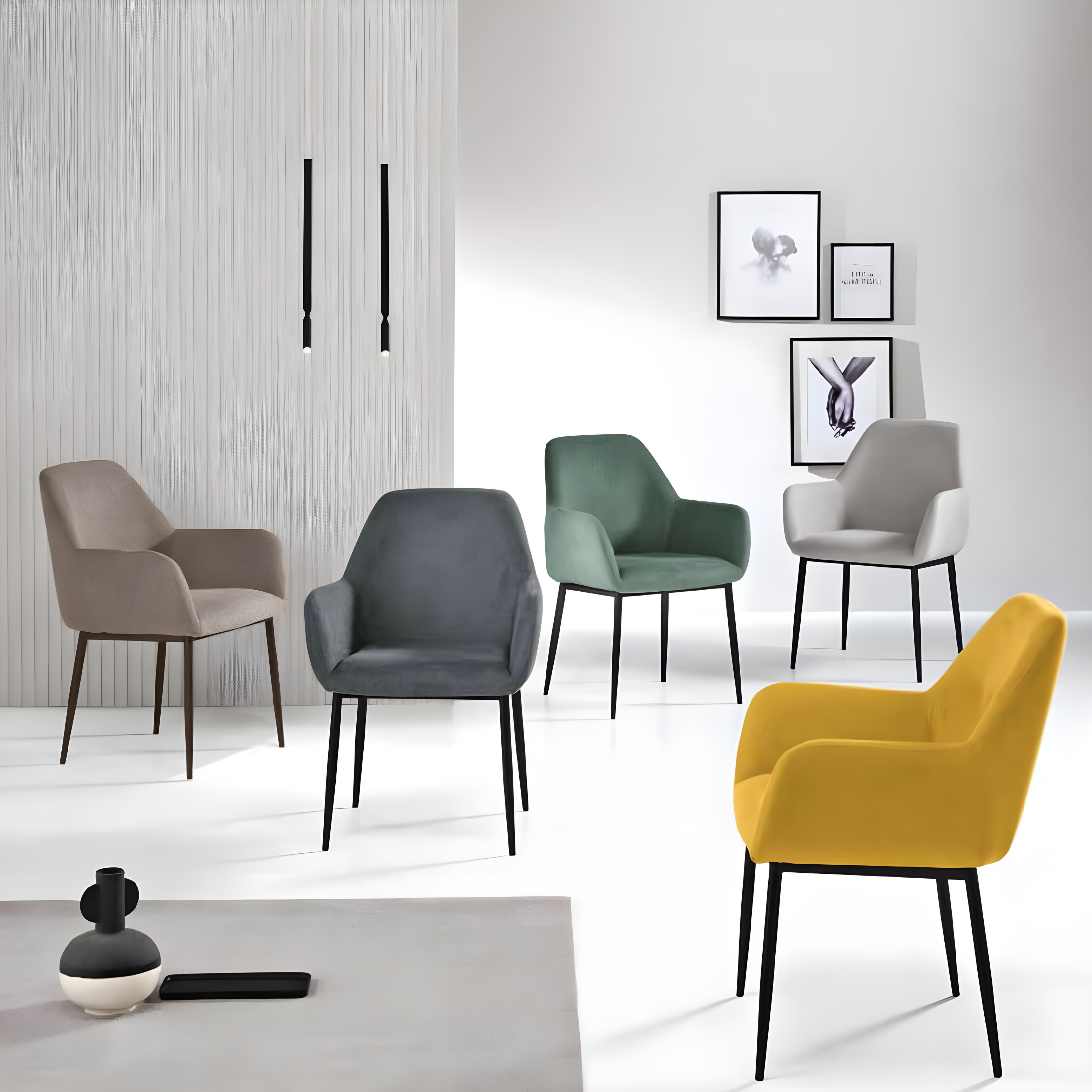 Set of "Petalo" dining chairs upholstered in fabric with painted metal frame cm 58x61 84h