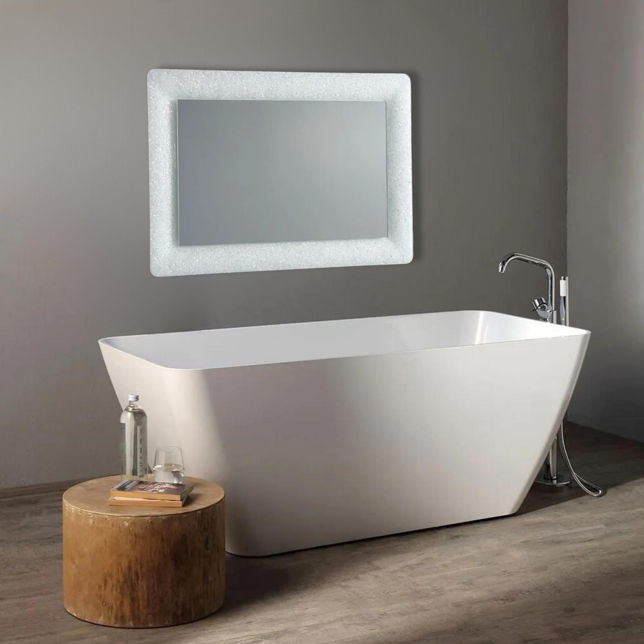 "Serranova2" rectangular LED mirror with glass grit frame, 90x62 cm