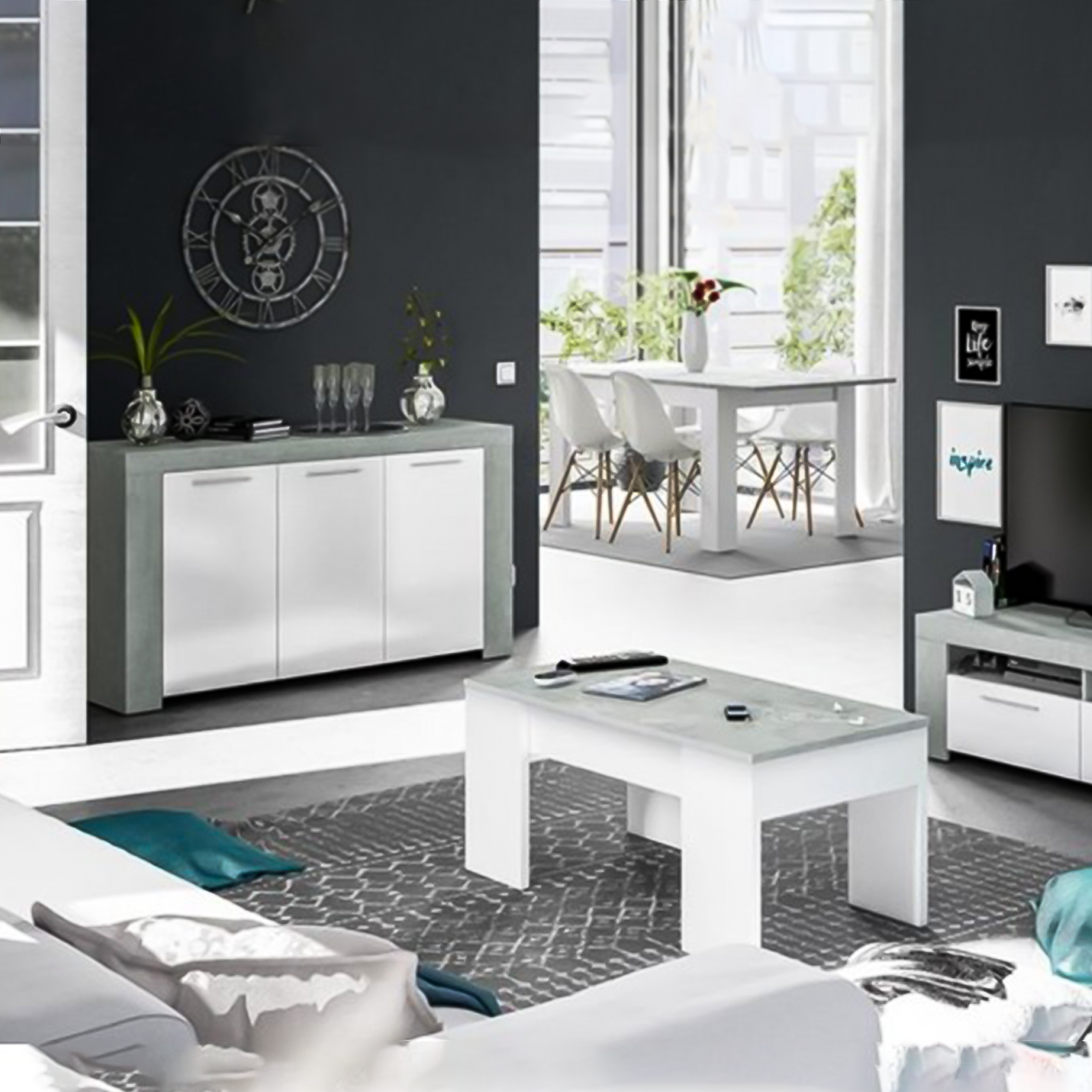 Credenza a 3 ante Ambit bianco e cemento da soggiorno cm 144x42 80h