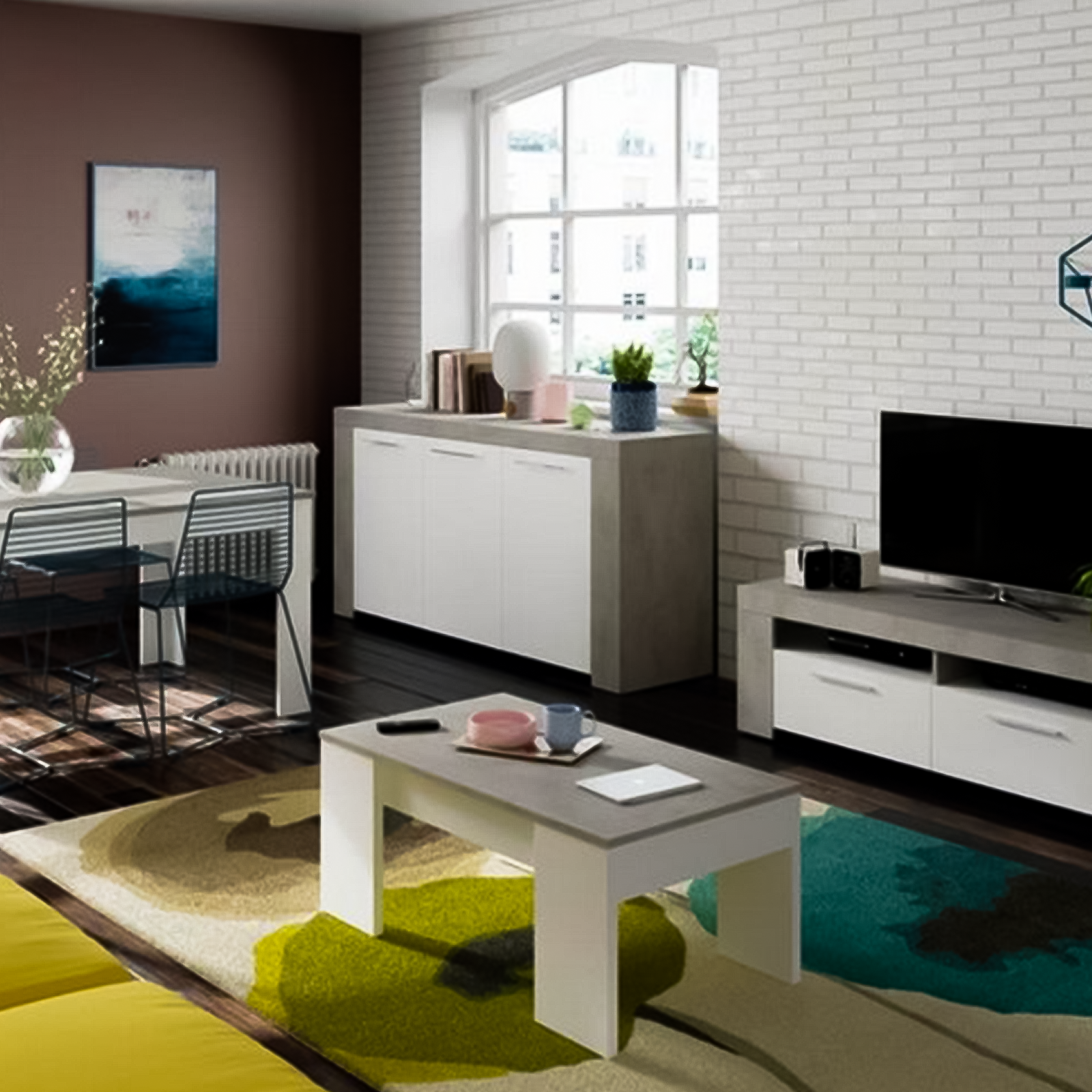 Credenza a 3 ante Ambit bianco e cemento da soggiorno cm 144x42 80h