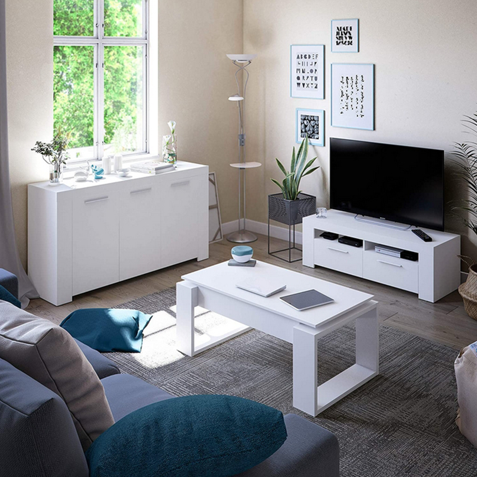 Credenza a 3 ante Ambit bianco e cemento da soggiorno cm 144x42 80h