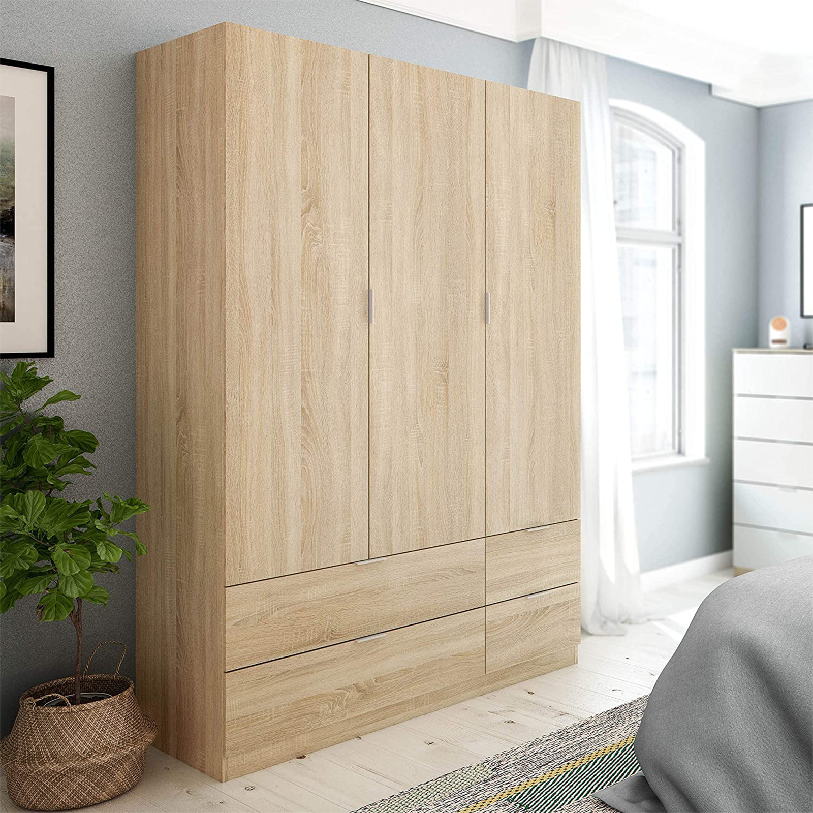 Armadio in legno LC-200 a 3 ante rovere con cassetti e barra appendiabiti cm 135x52 200h