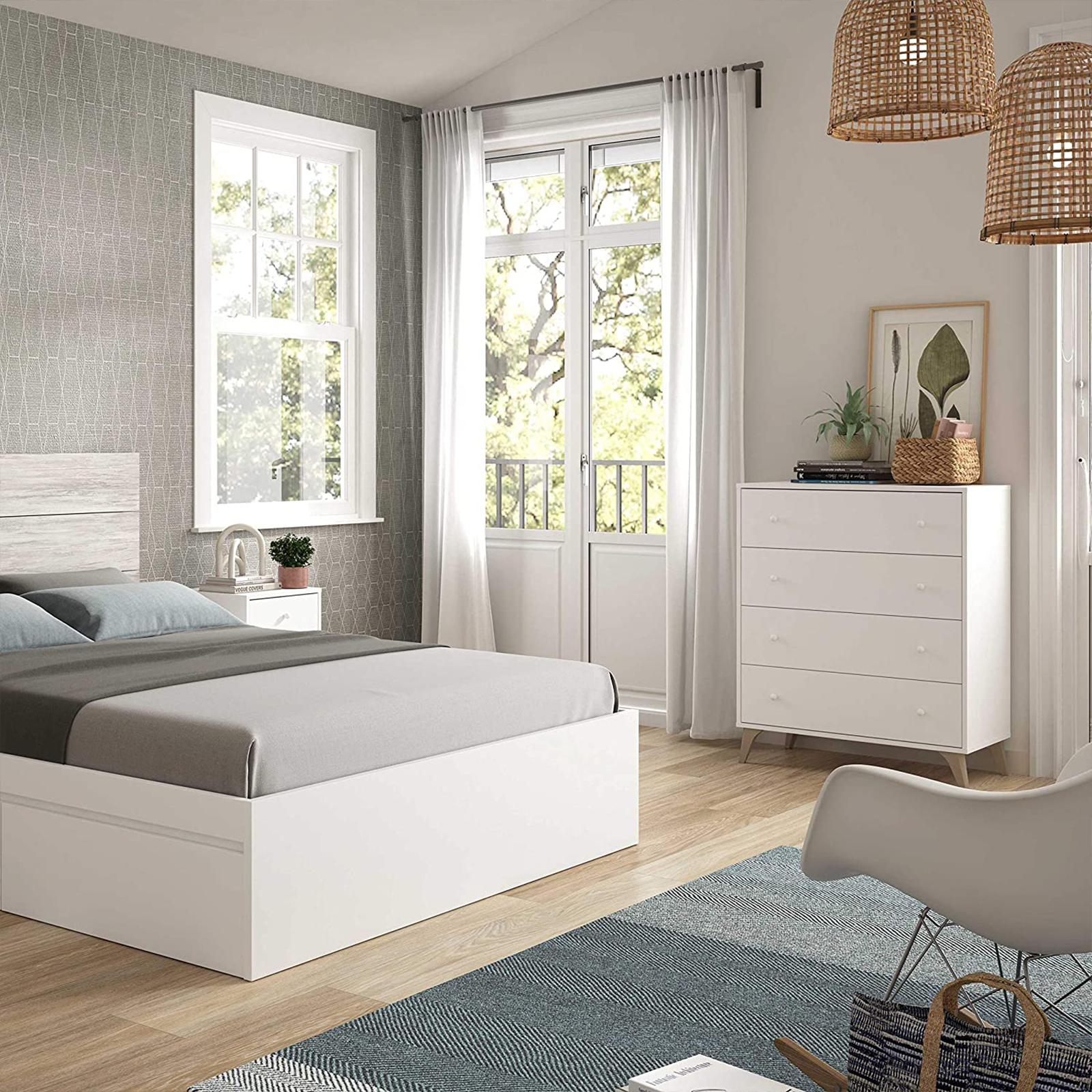 Set mobili per camera da letto Sweet cassettiera e comodino in truciolare bianco