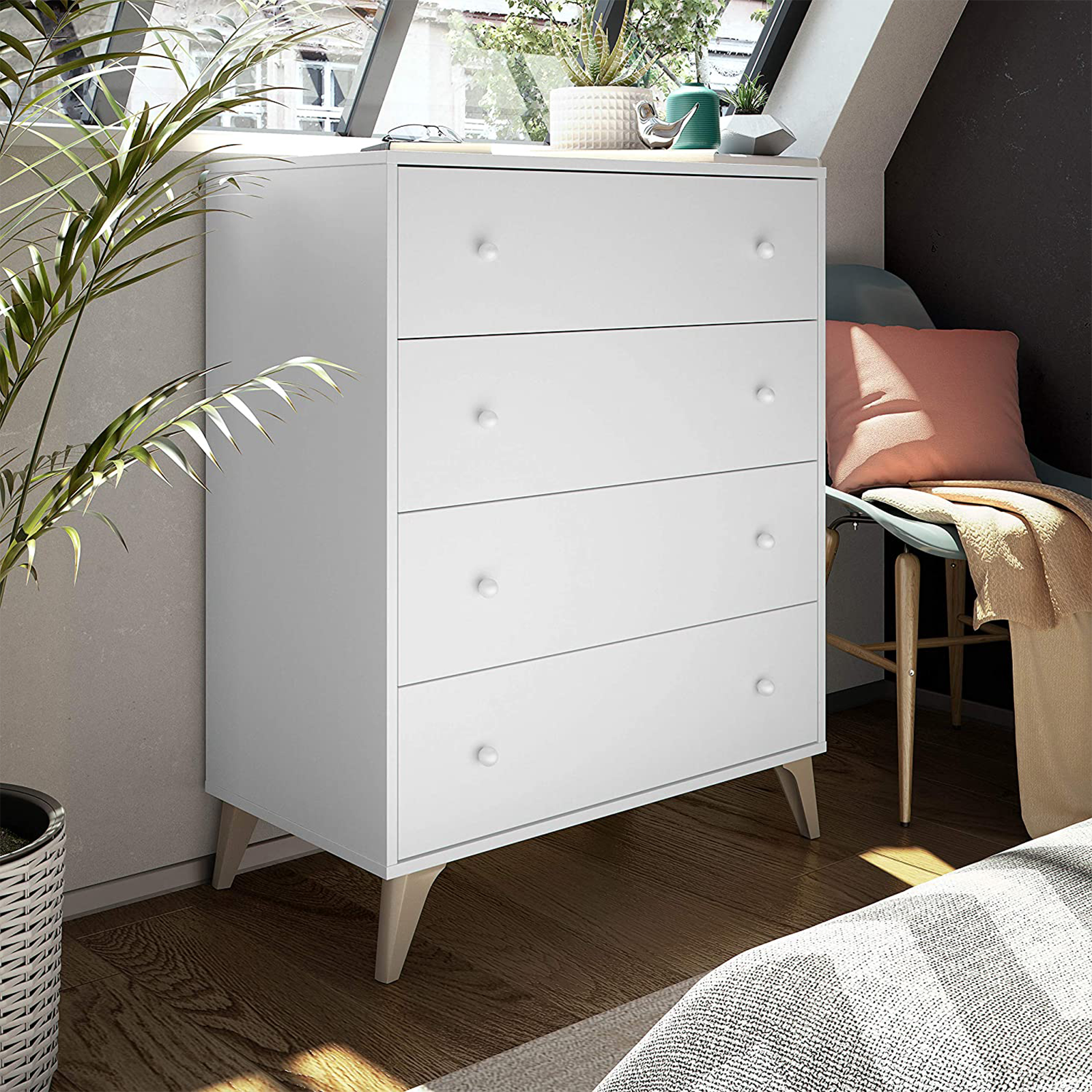 Set mobili per camera da letto Sweet cassettiera e comodino in truciolare bianco